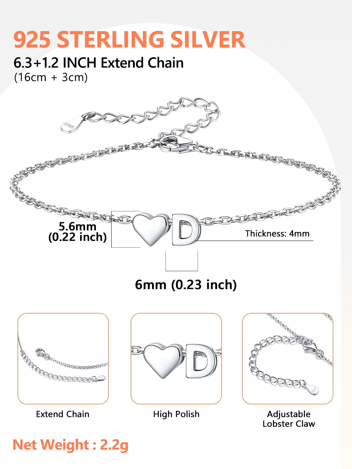 Women's Sterling Bracelets Heart &amp; Alphabet Letter A Initial Bracelet Charm Jewelry Gifts for Her