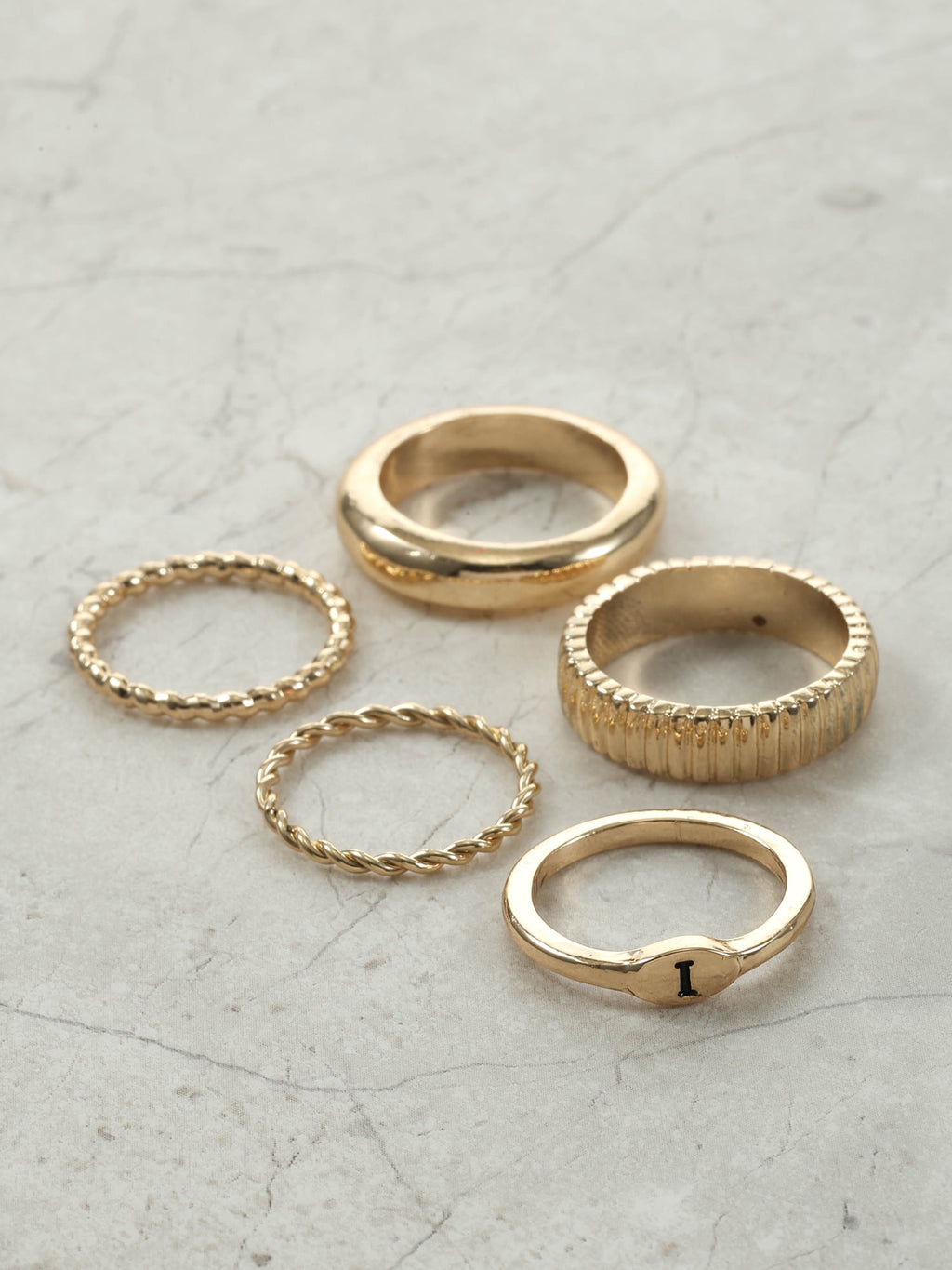 Goldtone Initial Ring Set, 5 Piece, Size 7, Initial J