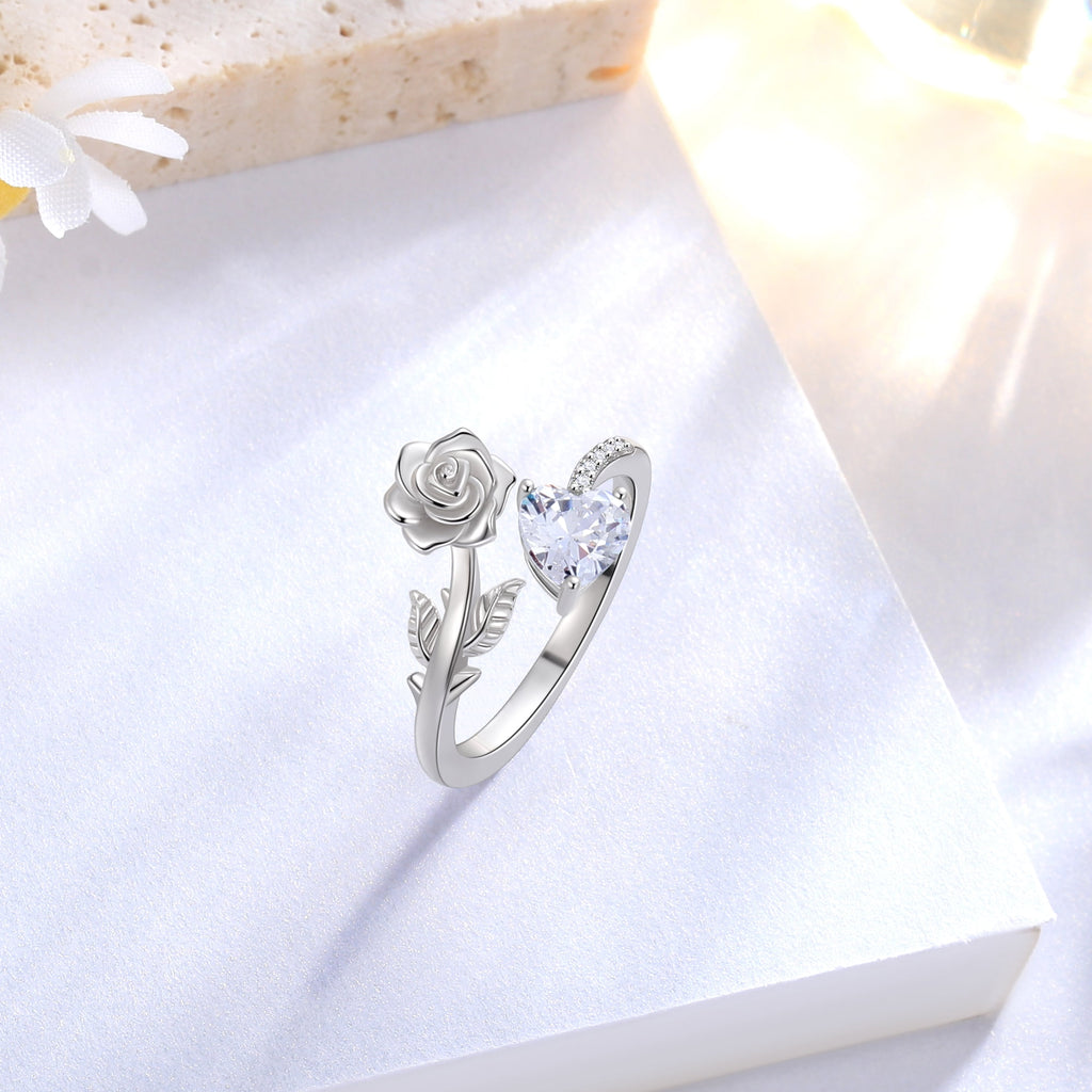 Rose Heart Ring,925 Sterling Adjustable Open Heart Rings Jewelry Gifts for Women Mom -December