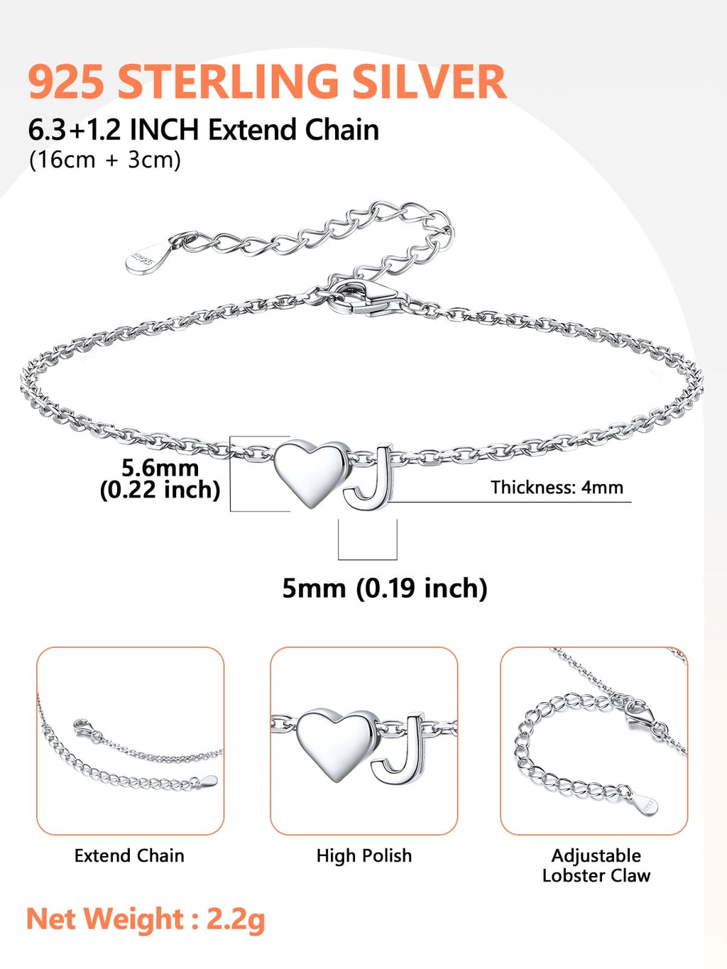 Women's Sterling Bracelets Heart &amp; Alphabet Letter A Initial Bracelet Charm Jewelry Gifts for Her