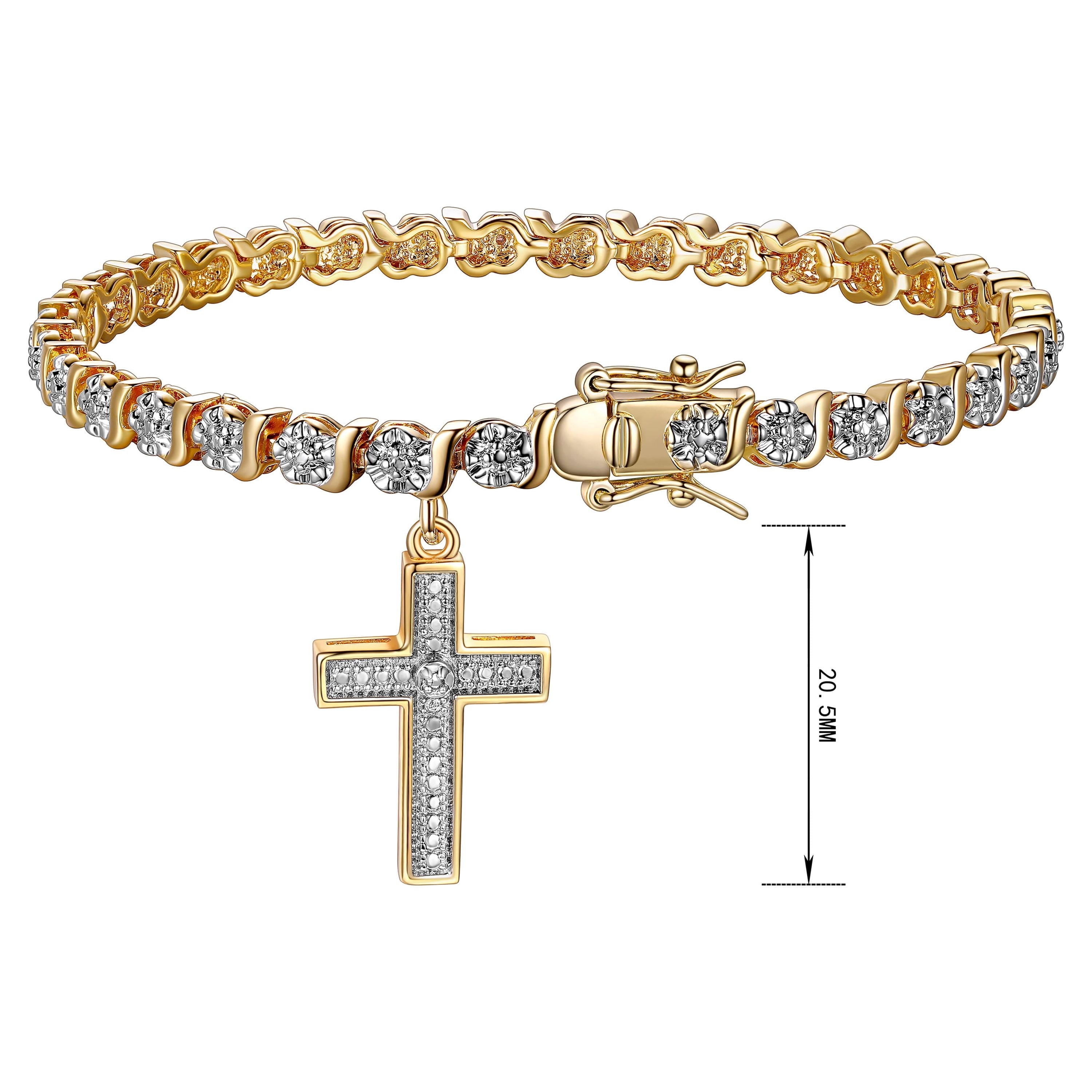 18K Yellow Plated Diamond Accent Cross Charm Tennis Bracelet, 7.25"