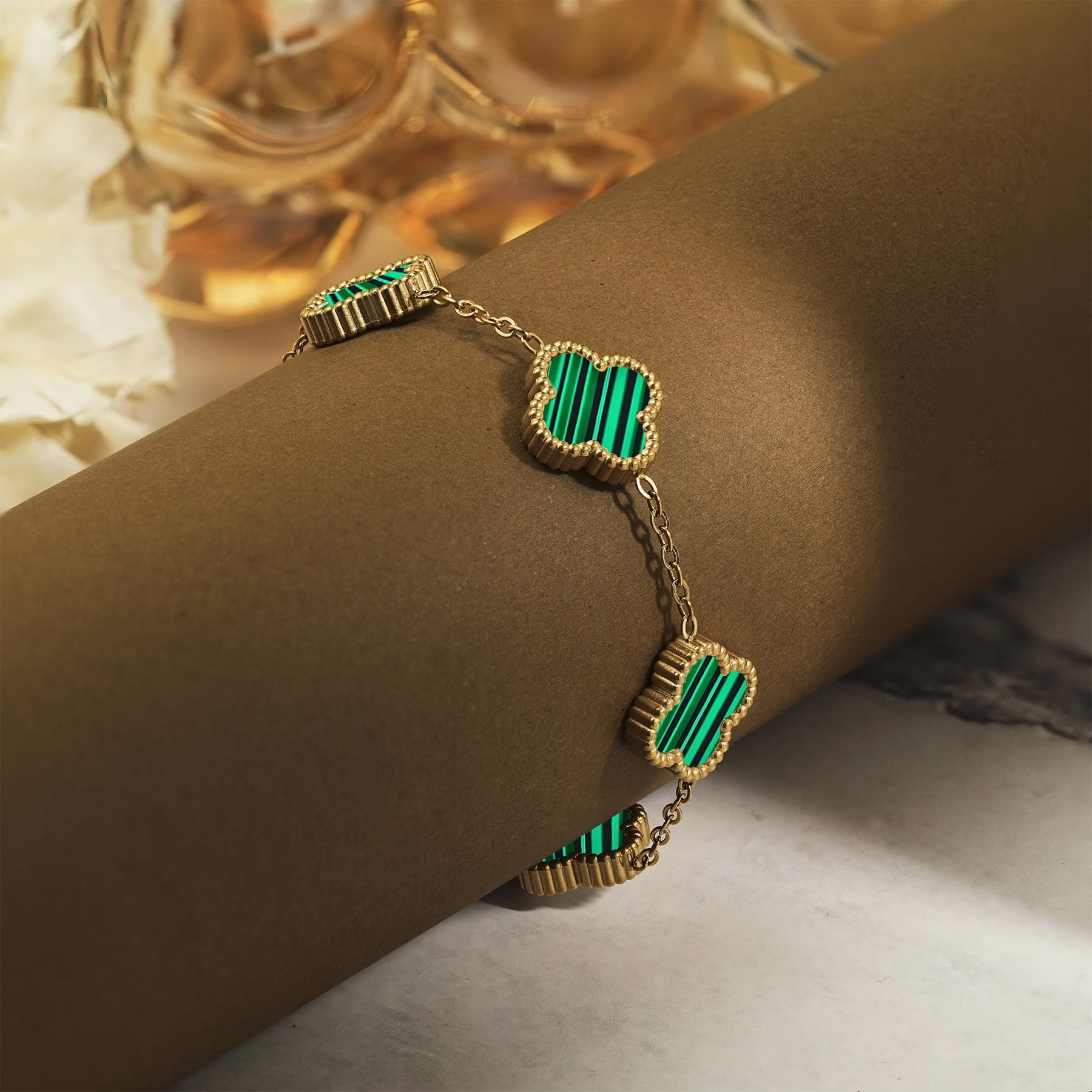 White Flower Link Bracelet in Yellow Plated