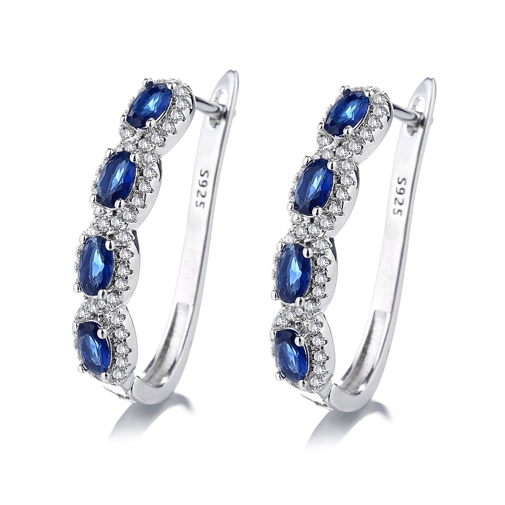 Blue &amp; White Sapphire Halo Earrings in 14k White Plated