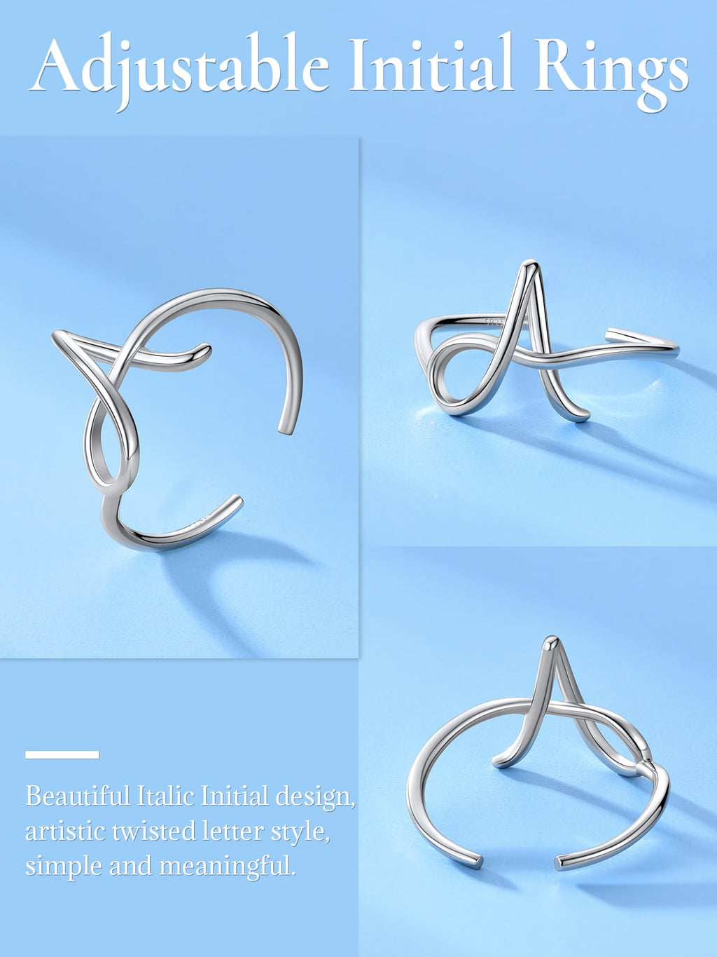 Sterling Ring for Women Adjustable Open Initial Rings Twisted Stackable Dainty Valentines Gifts Jewelry for Mom Daughter