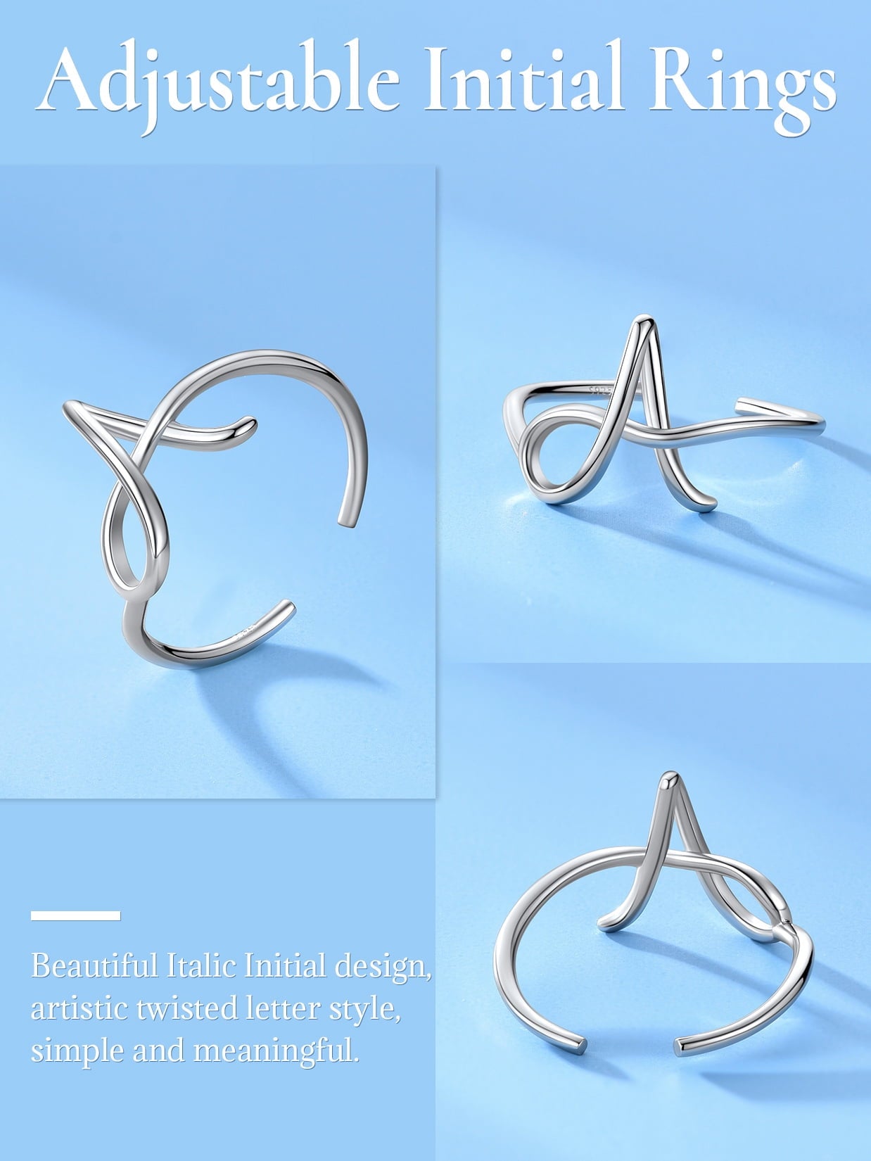 Sterling Ring for Women Adjustable Open Initial Rings Twisted Stackable Dainty Valentines Gifts Jewelry for Mom Daughter