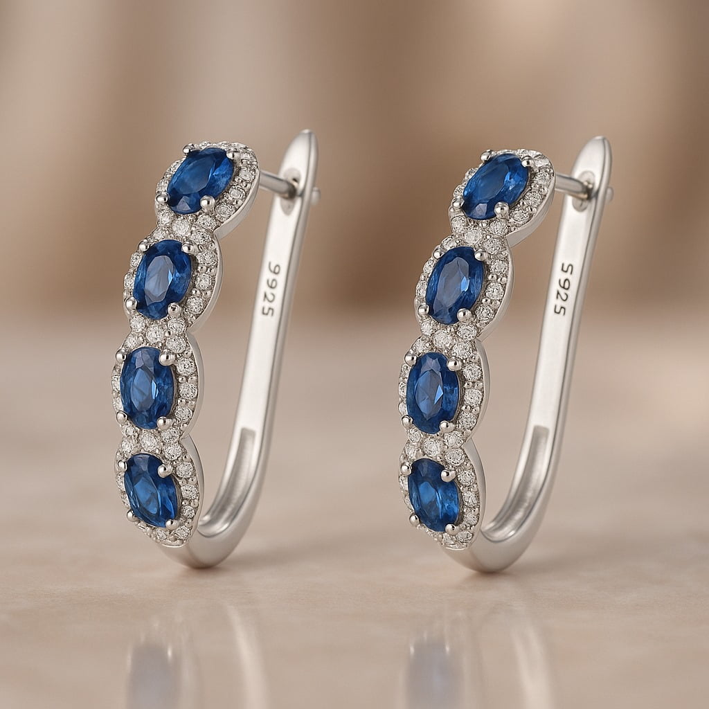 Blue &amp; White Sapphire Halo Earrings in 14k White Plated