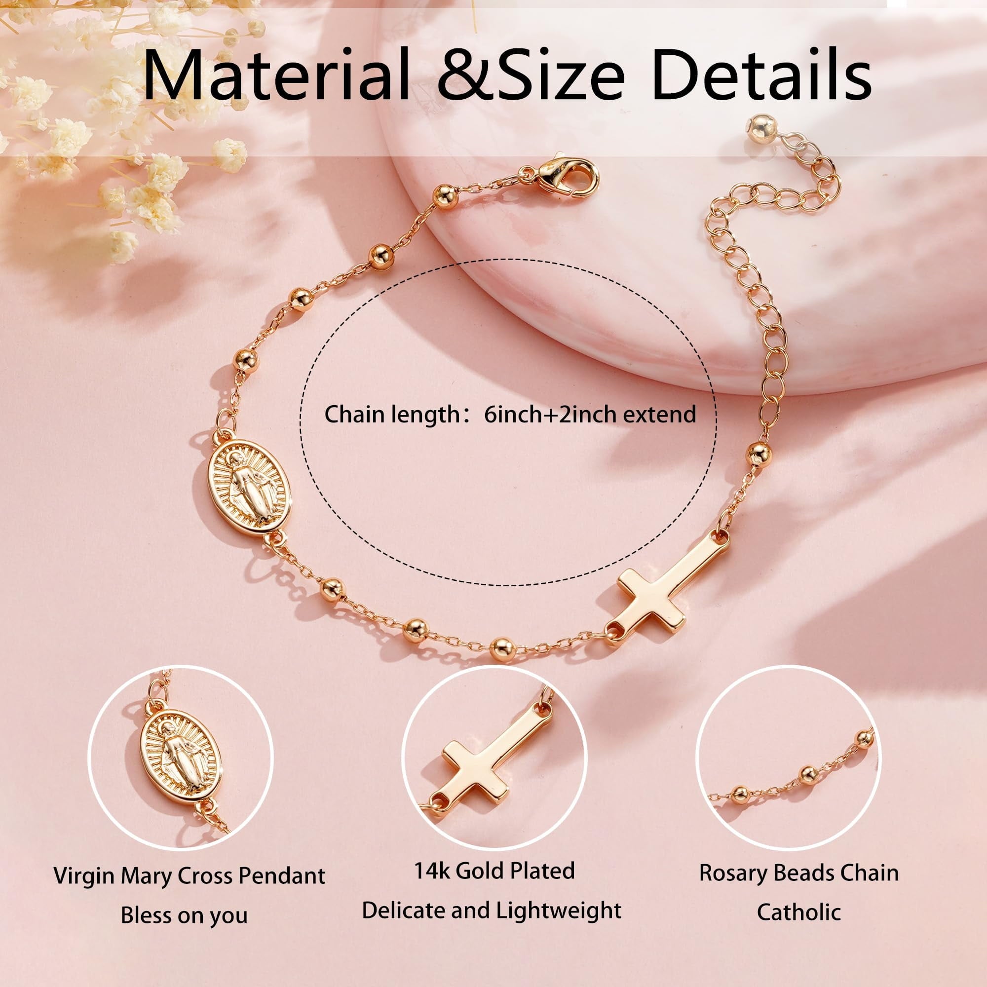 Rosary Beads Virgin Mary Cross Charm Bracelet for Women Kids Girls Teen Daughter Granddaughter Mom Wife Girlfriend Stuff Christian Catholic Jewelry Gifts for Women Girls Age