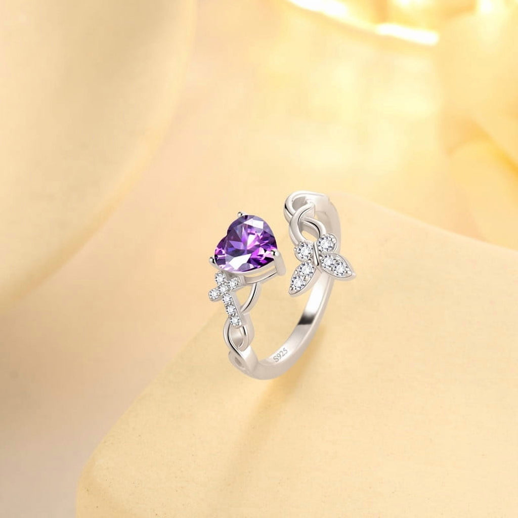 Heart Halo Ring,Butterfly 925 Sterling Adjustable Open Band Rings Valentines Jewelry Gifts for Women Mom-March