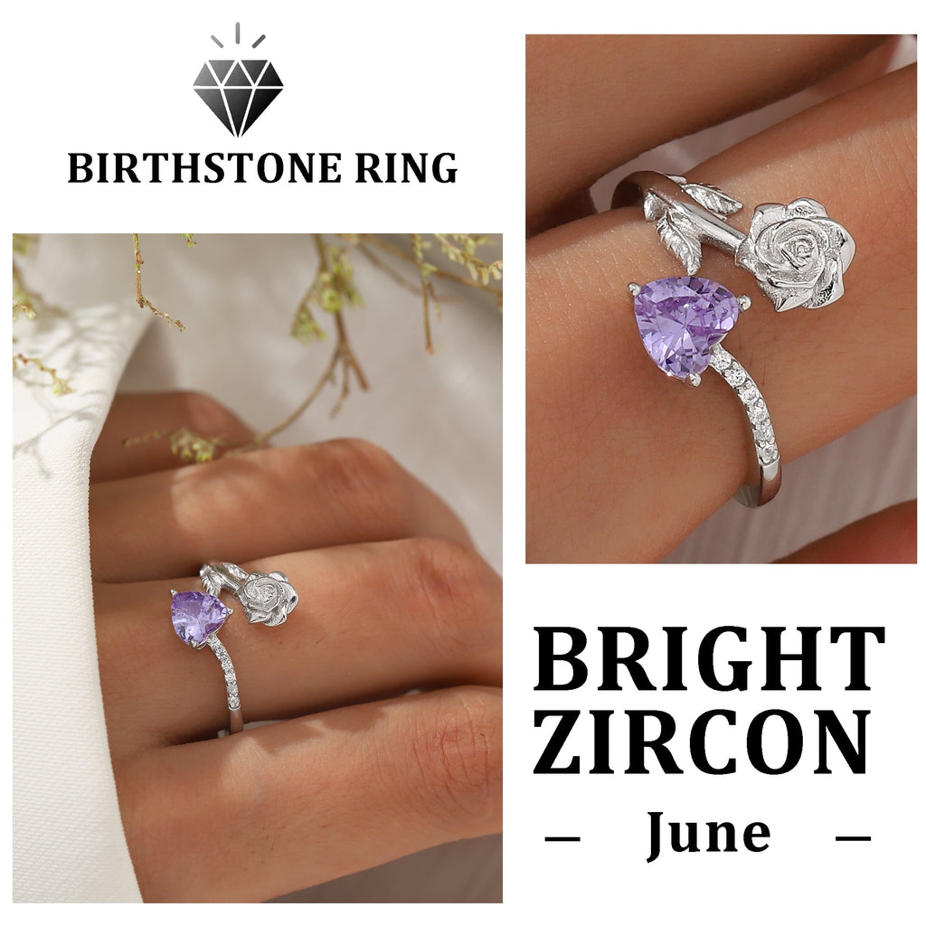 Rose Heart Ring,925 Sterling Adjustable Open Heart Rings Jewelry Gifts for Women Mom -December