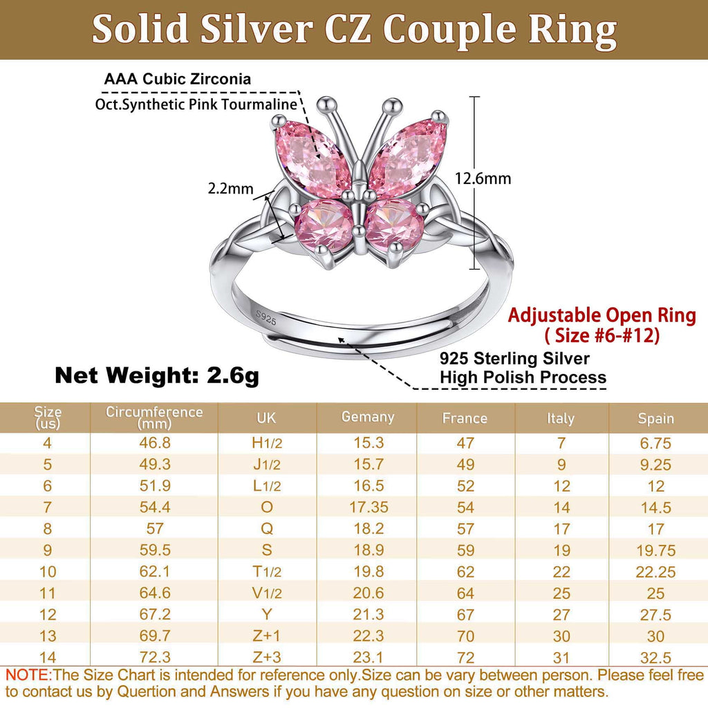 925 Sterling Butterfly Rings, July Ruby Adjustable Open Band Ring Jewelry Valentines Day
