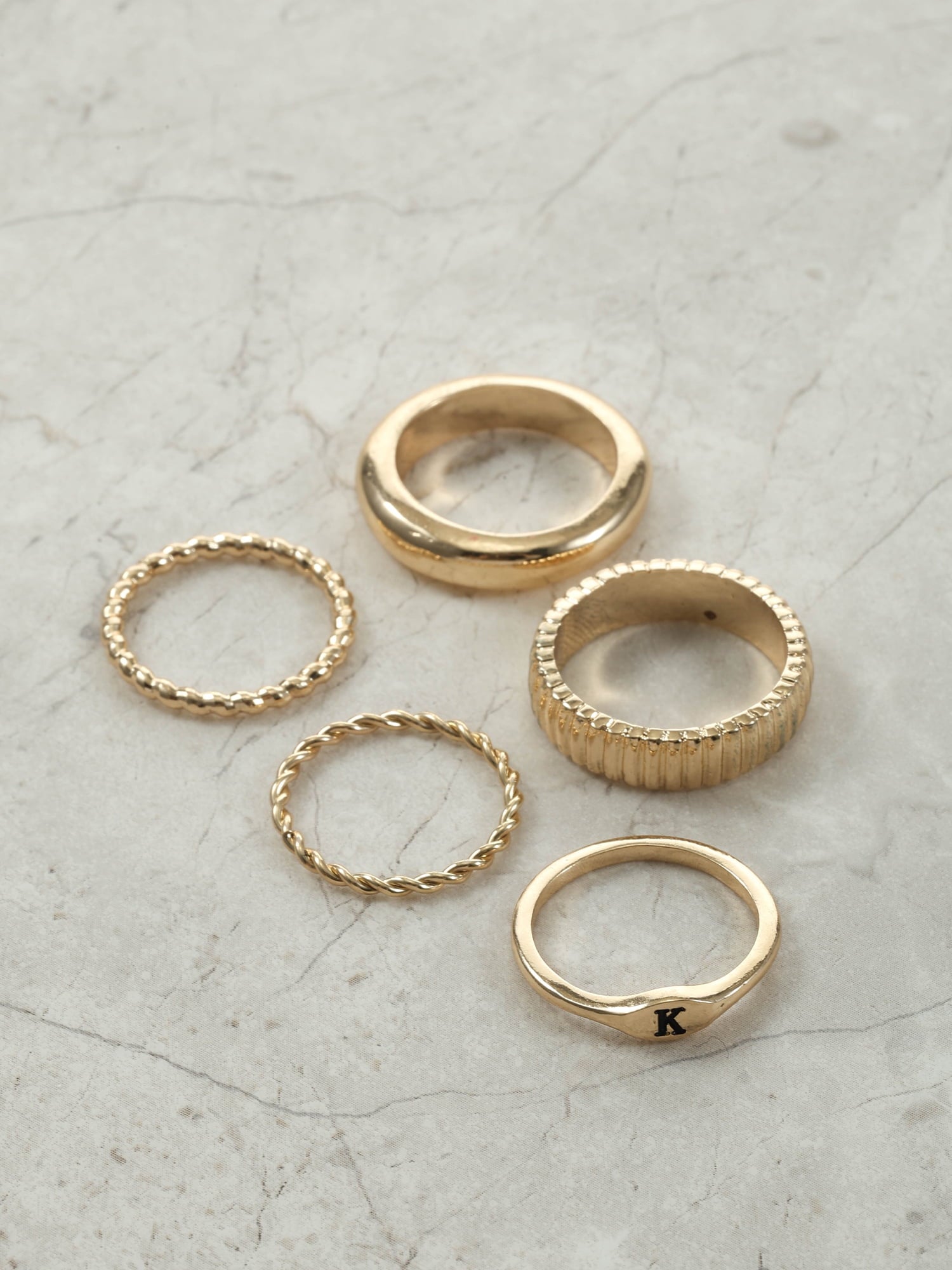 Goldtone Initial Ring Set, 5 Piece, Size 7, Initial J