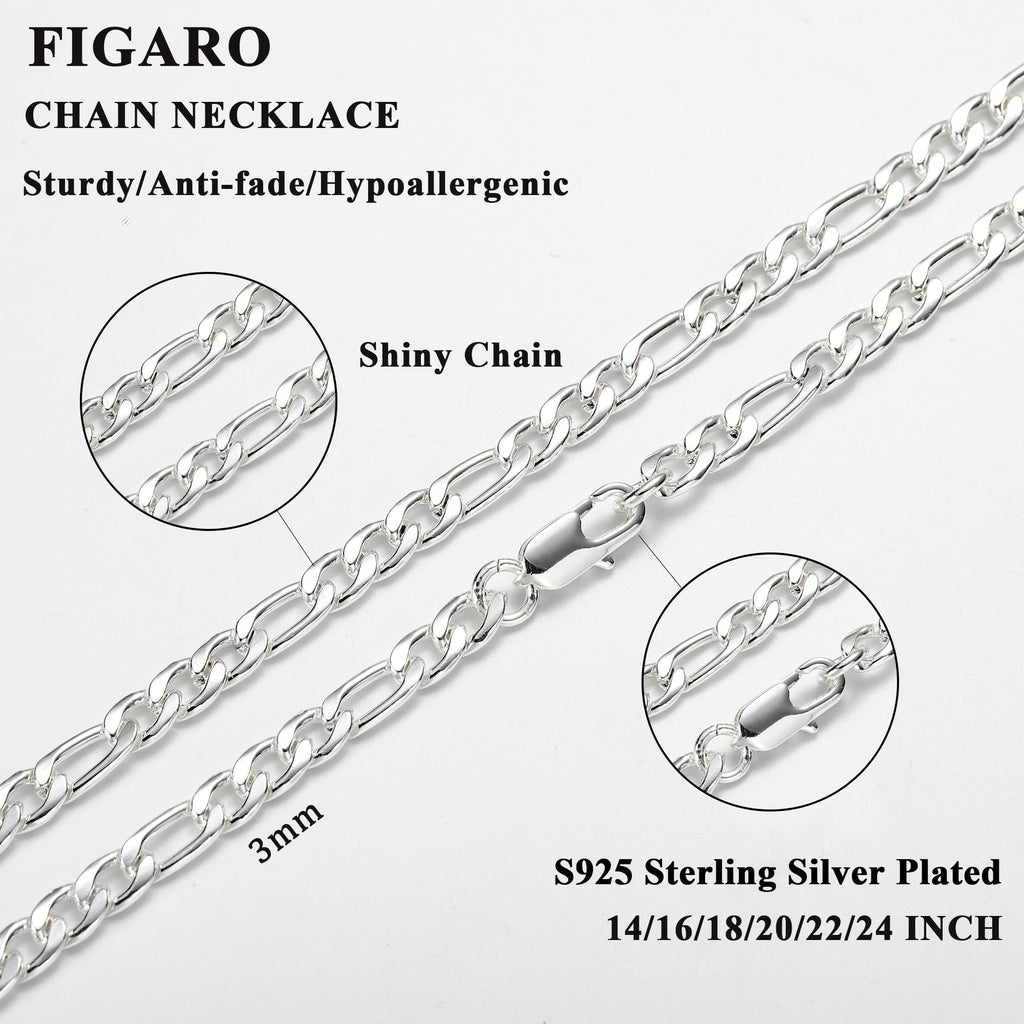 S925 Sterling Plated Chains for Women Men Boys 3mm/5mm Figaro Curb Link Necklace Easter Basket Stuffers Jewelry Gifts Teen Him Her Girls Adults Kids Age 14/16/18/20/22/24 Inch