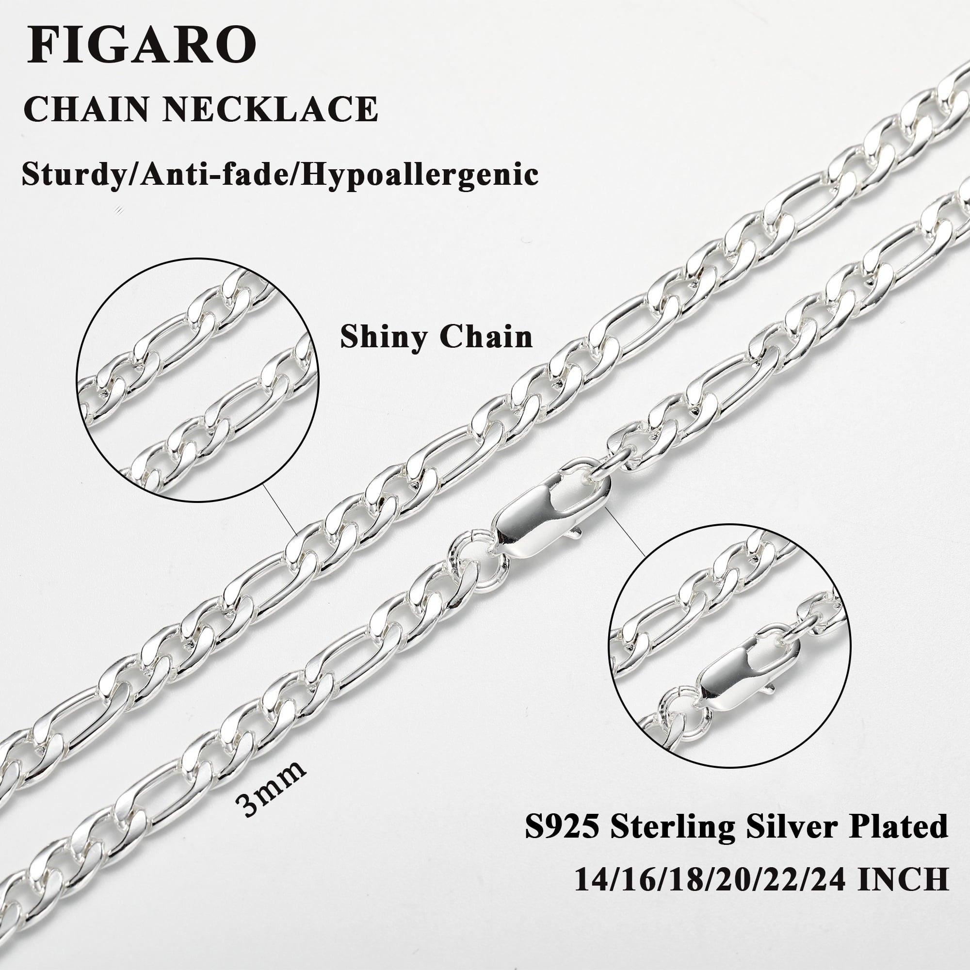 S925 Sterling Plated Chains for Women Men Boys 3mm/5mm Figaro Curb Link Necklace Easter Basket Stuffers Jewelry Gifts Teen Him Her Girls Adults Kids Age 14/16/18/20/22/24 Inch