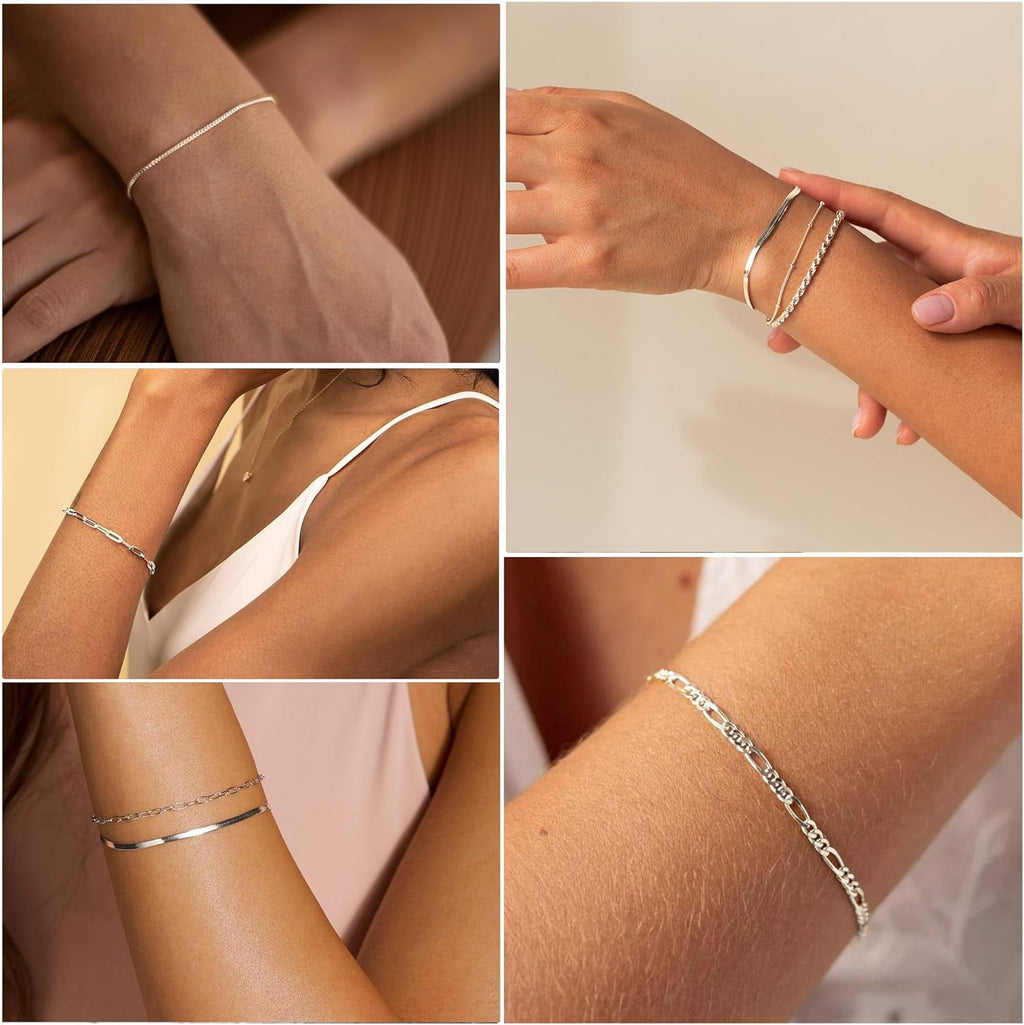 Dainty Bracelets for Women , 925 Sterling Jewelry Set for Women Bracelets for Women Paperclip Box Herringbone Figaro Rope Chain Bracelet Pack Gifts for Women Girls