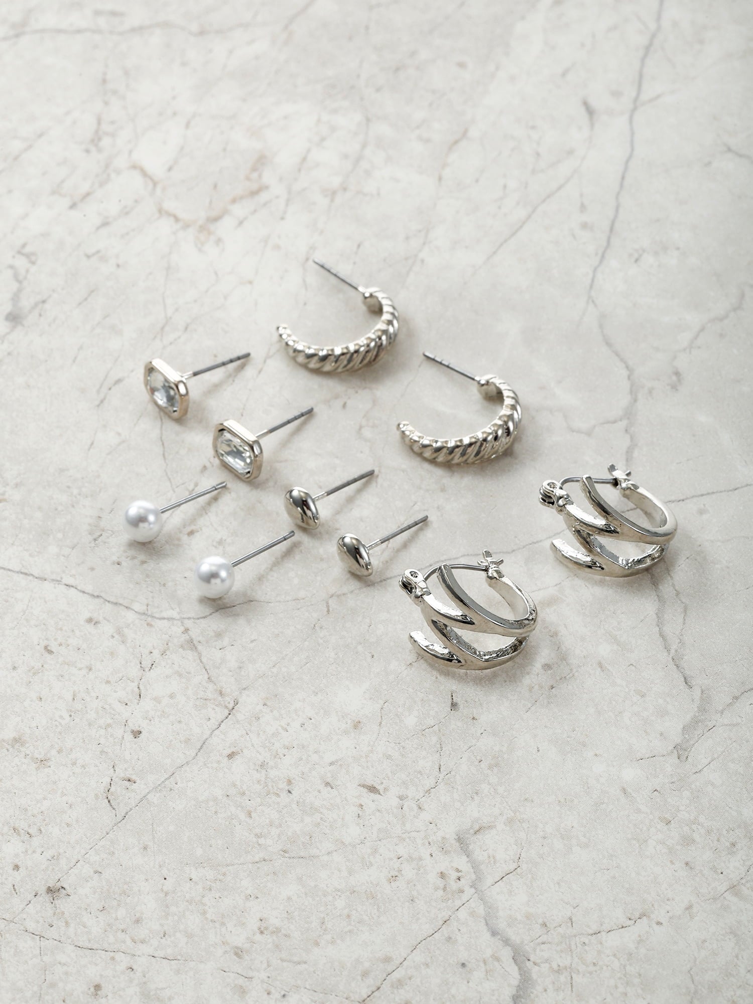 Silvertone Multi Earring Set, 5 Pairs, Initial B