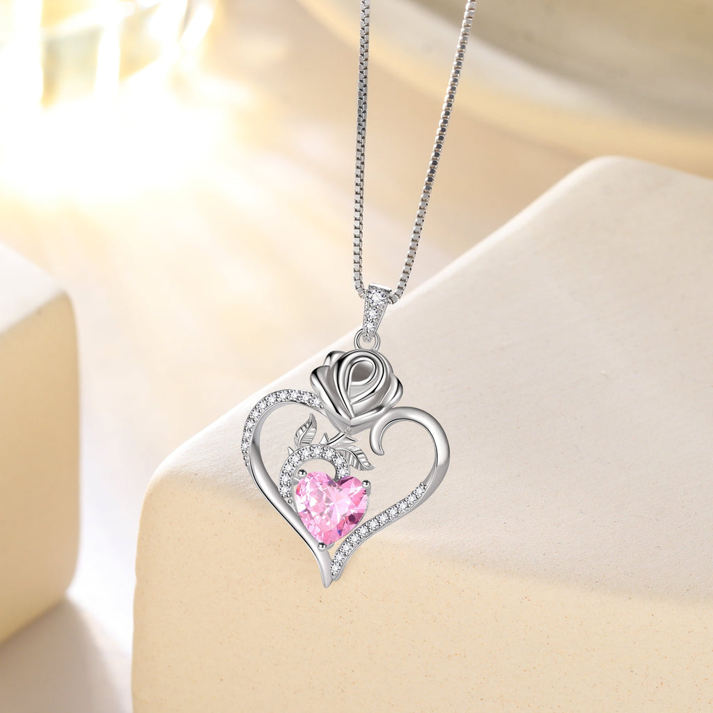925 Sterling Necklace Rose Flower Heart Pendant Jewelry Valentines Gifts for Women Mom Wife/Lover