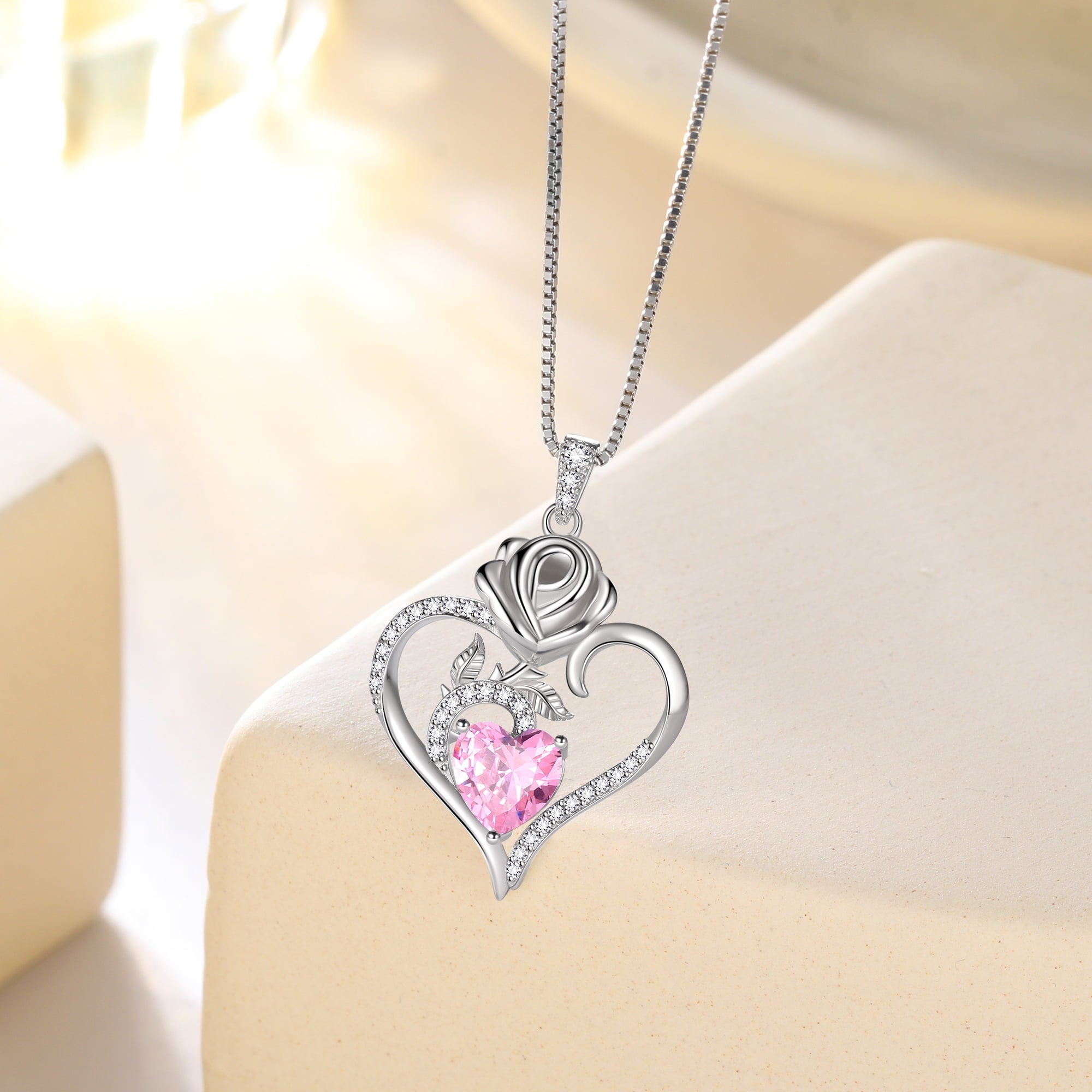 925 Sterling Necklace Rose Flower Heart Pendant Jewelry Valentines Gifts for Women Mom Wife/Lover