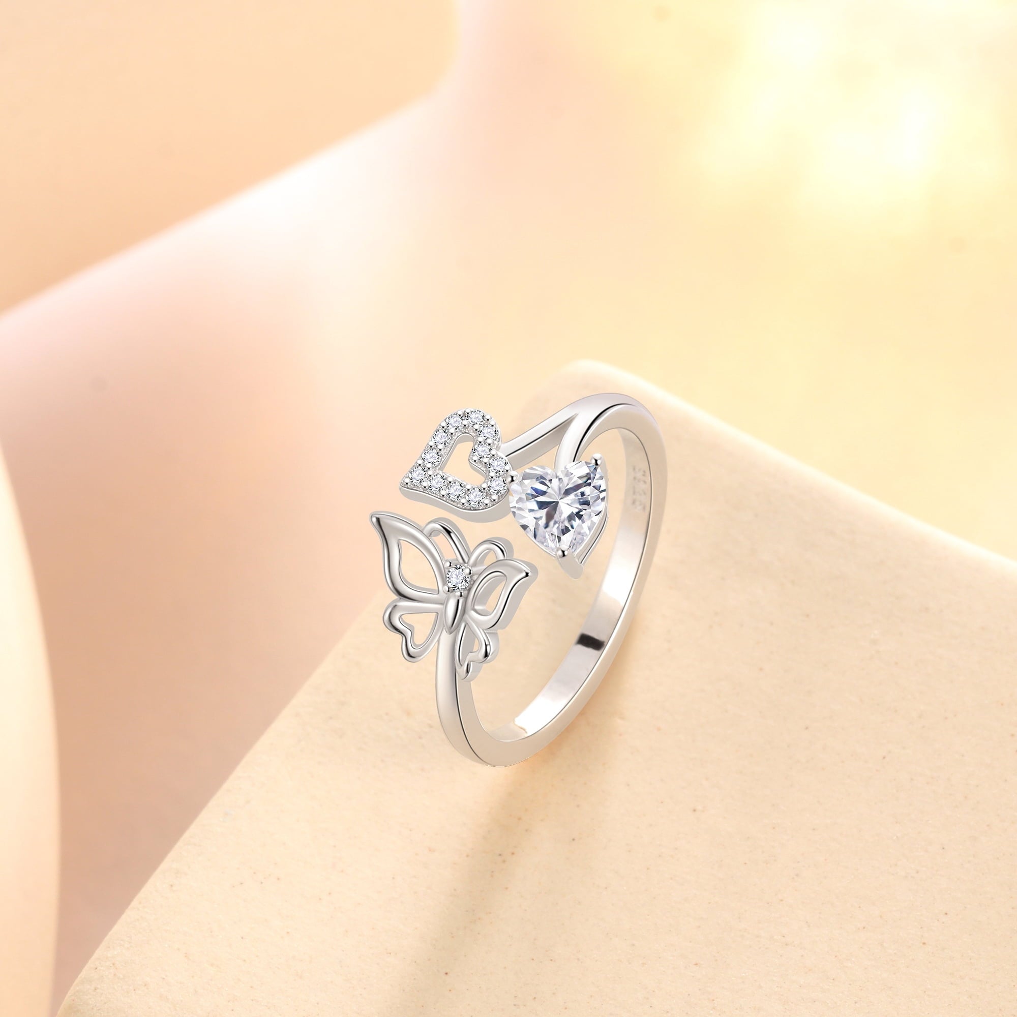 Rose Heart Ring,925 Sterling Adjustable Open Heart Rings Jewelry Gifts for Women Mom -December