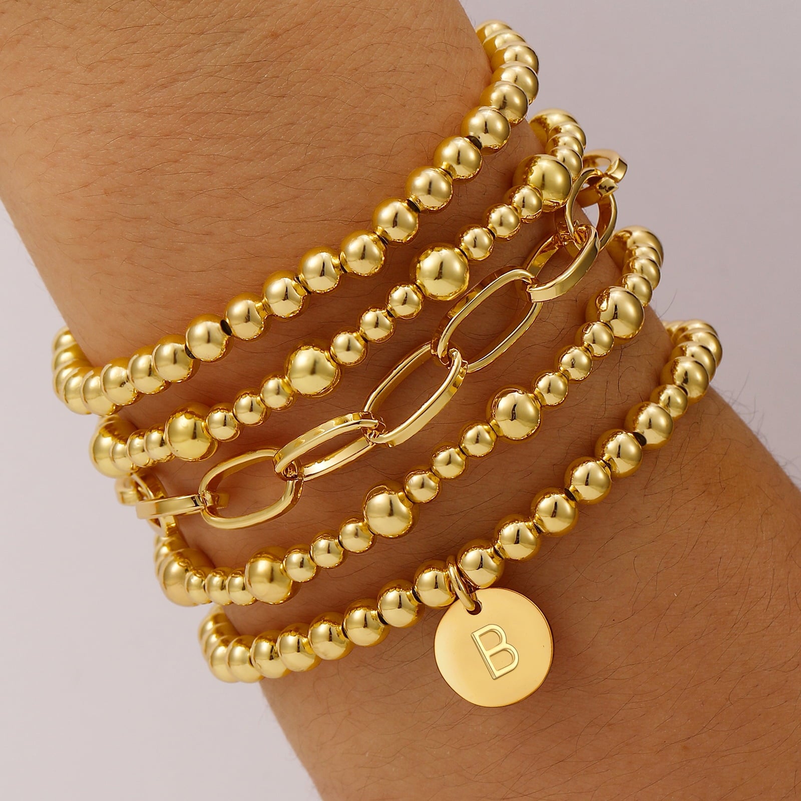18K Plated Initial Beaded Bracelets for Women Charms Stackable Letter A Chain Bracelet Set Easter Basket Stuffers Jewelry Gifts Teen Her Girlfriend Adults Wife Daughter Lady Ideas