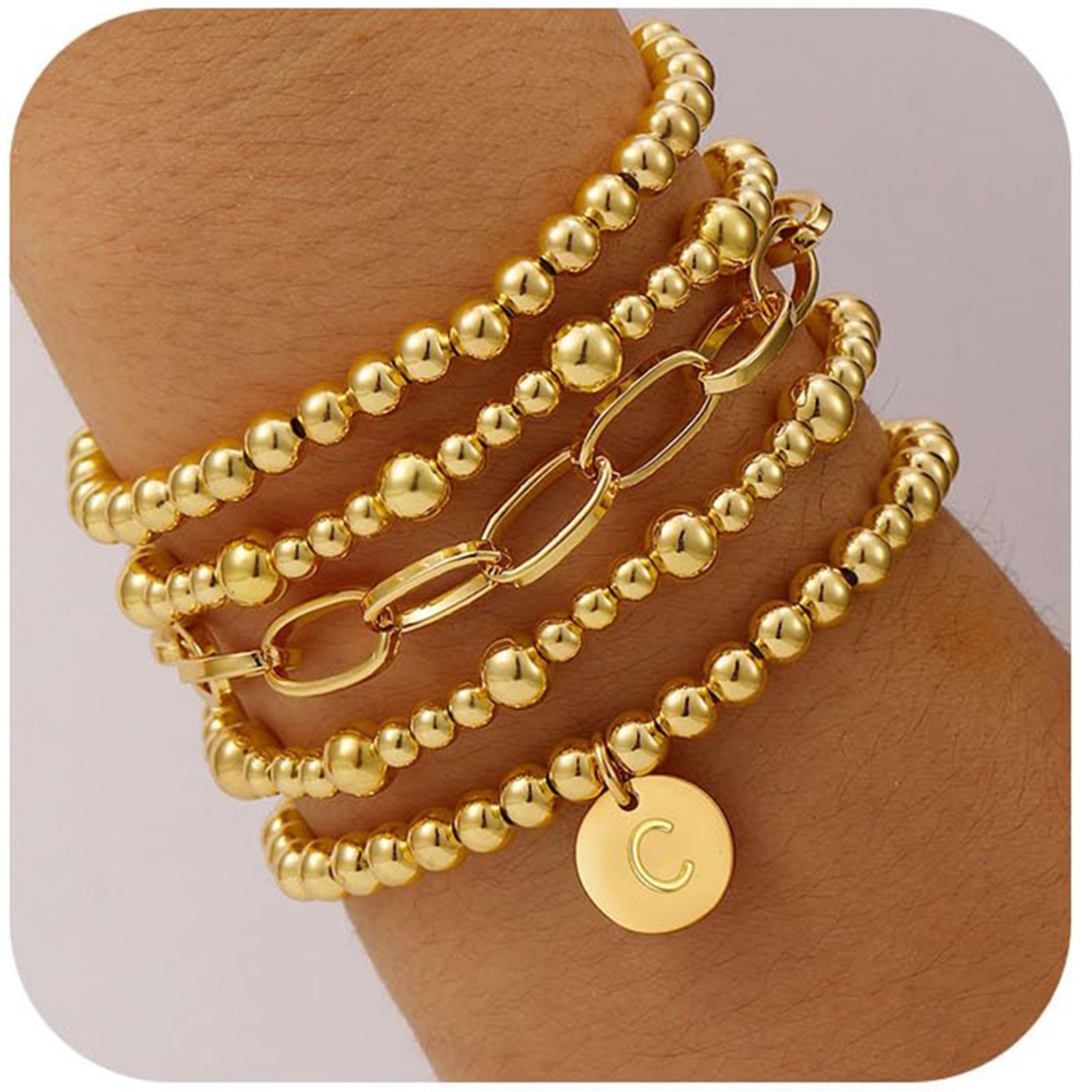 18K Plated Initial Beaded Bracelets for Women Charms Stackable Letter A Chain Bracelet Set Easter Basket Stuffers Jewelry Gifts Teen Her Girlfriend Adults Wife Daughter Lady Ideas