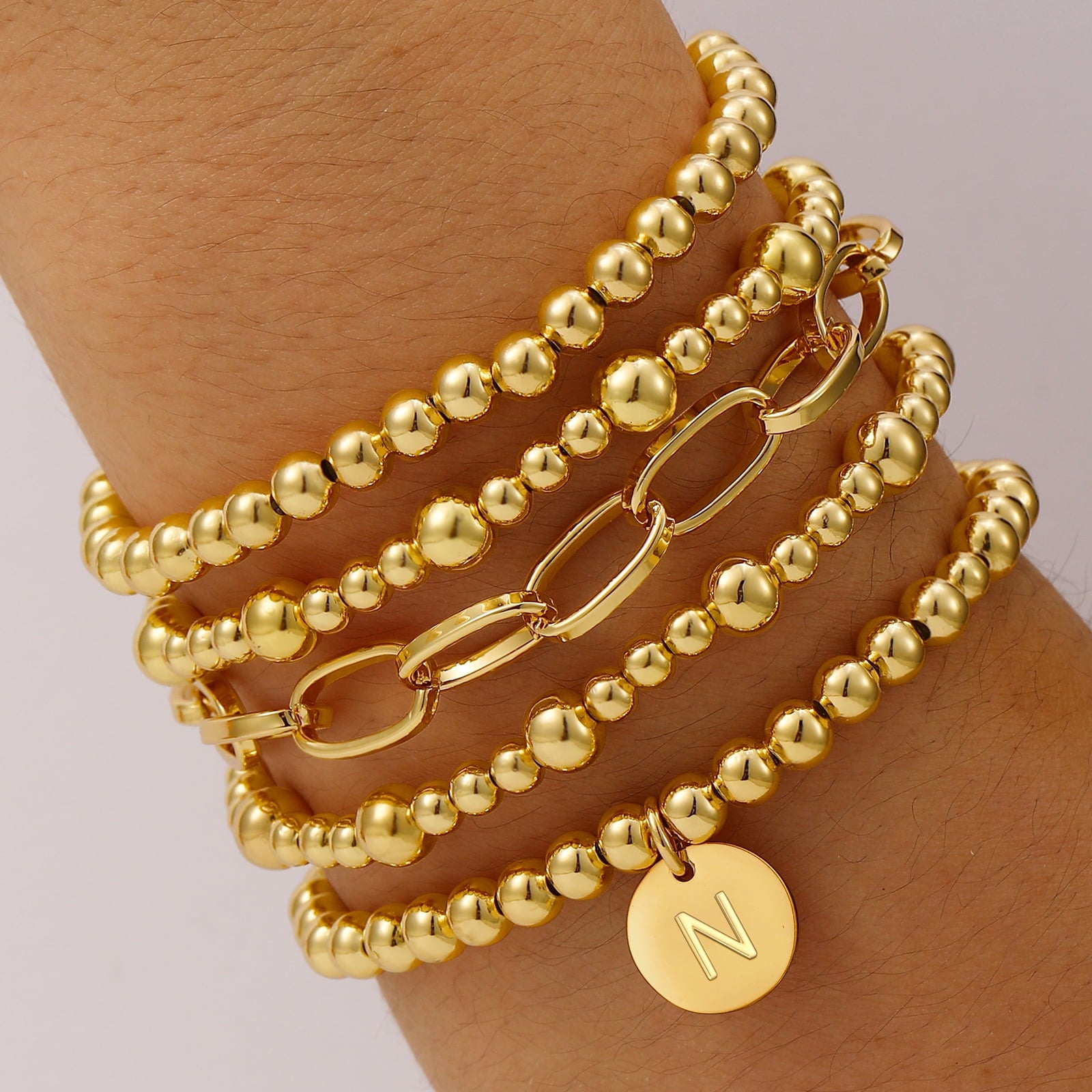 18K Plated Initial Beaded Bracelets for Women Charms Stackable Letter A Chain Bracelet Set Easter Basket Stuffers Jewelry Gifts Teen Her Girlfriend Adults Wife Daughter Lady Ideas