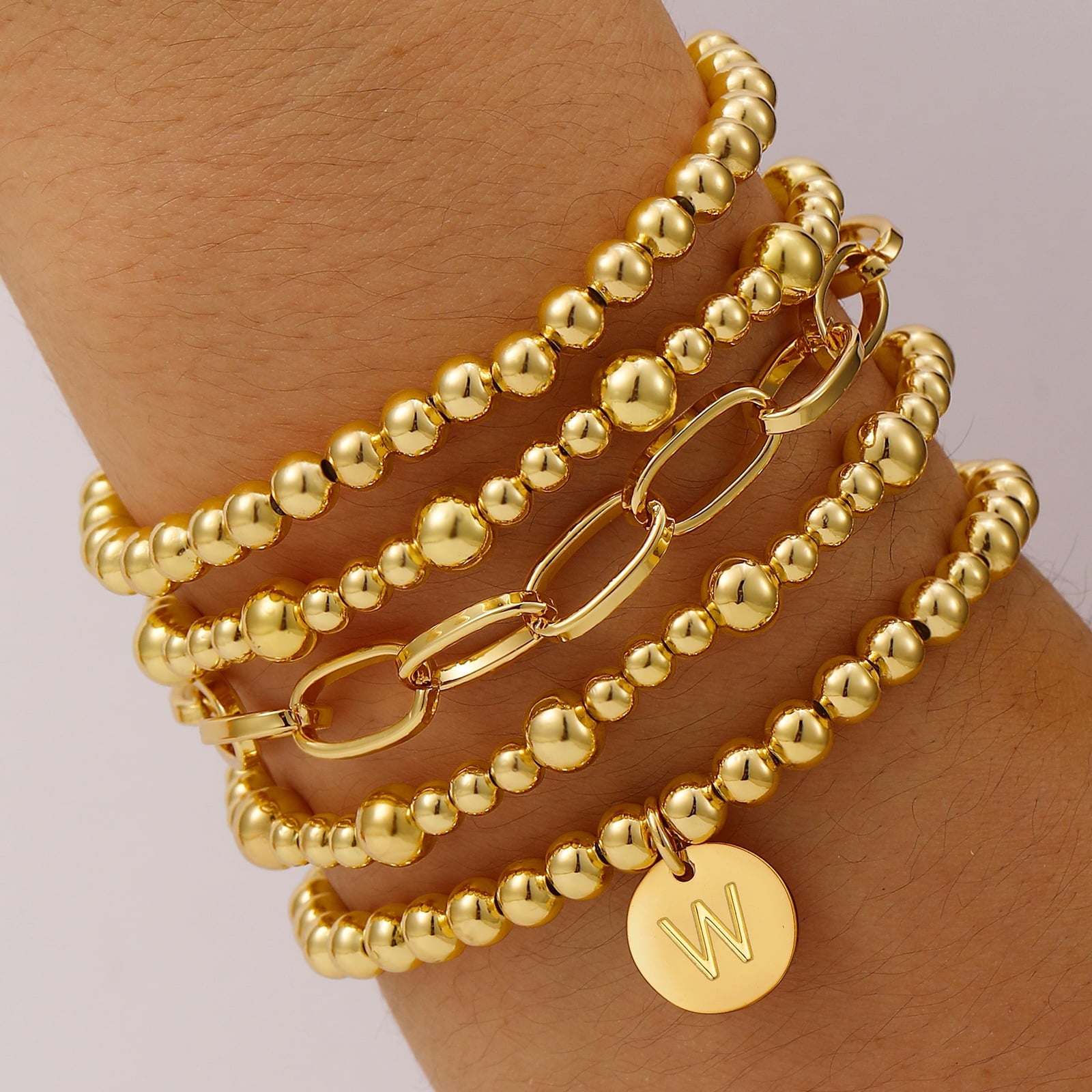 18K Plated Initial Beaded Bracelets for Women Charms Stackable Letter A Chain Bracelet Set Easter Basket Stuffers Jewelry Gifts Teen Her Girlfriend Adults Wife Daughter Lady Ideas
