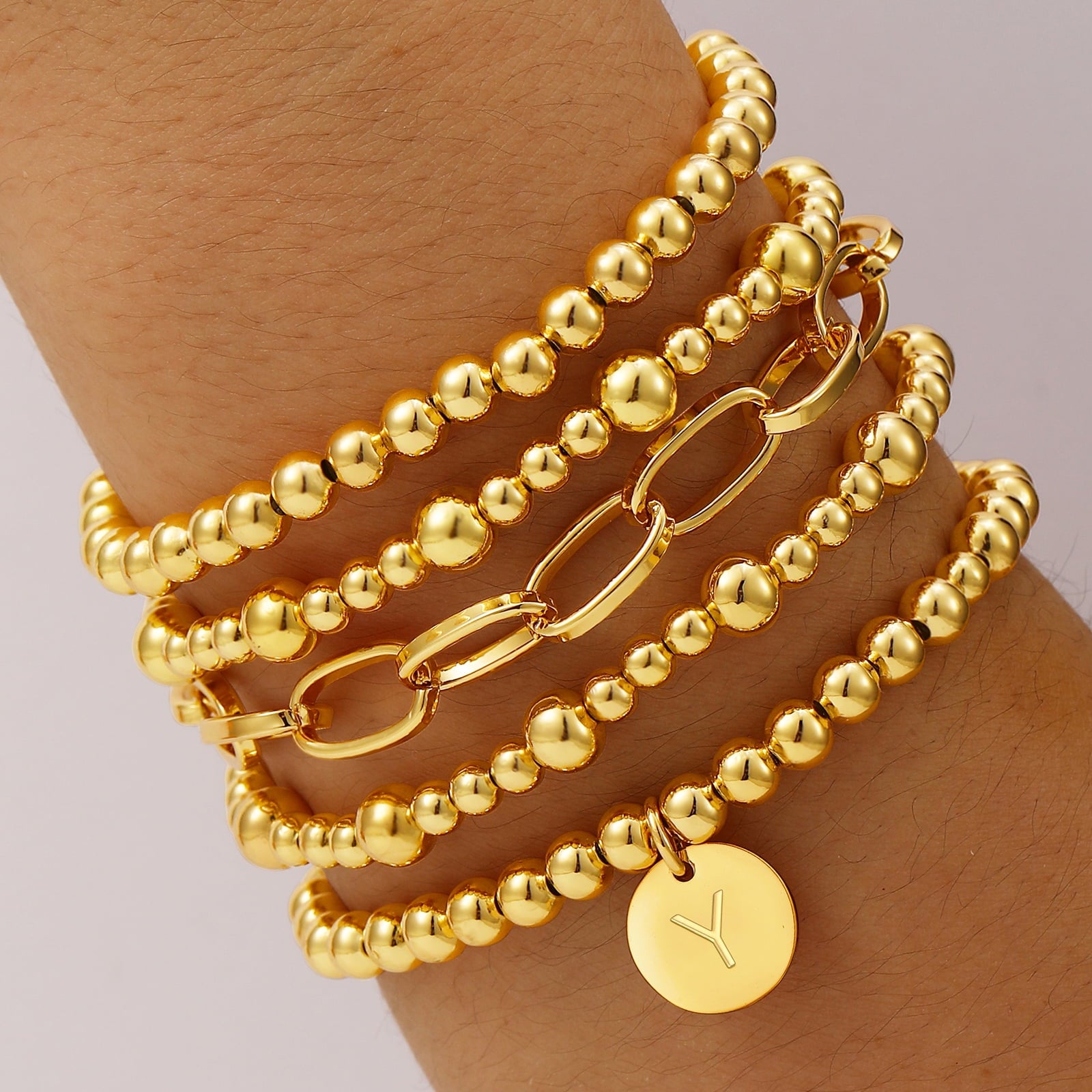 18K Plated Initial Beaded Bracelets for Women Charms Stackable Letter A Chain Bracelet Set Easter Basket Stuffers Jewelry Gifts Teen Her Girlfriend Adults Wife Daughter Lady Ideas