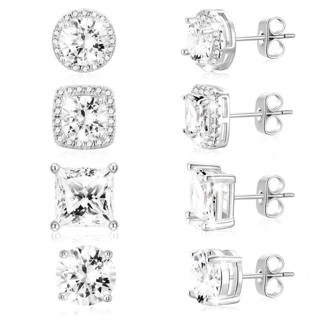 4 Pairs 18K White Plated Halo Stud Earrings for Women Men CZ Hypoallergenic S925 Sterling Post Earrings Set Valentines Day Jewelry Gifts Her Him Teen Husband Wife Adults