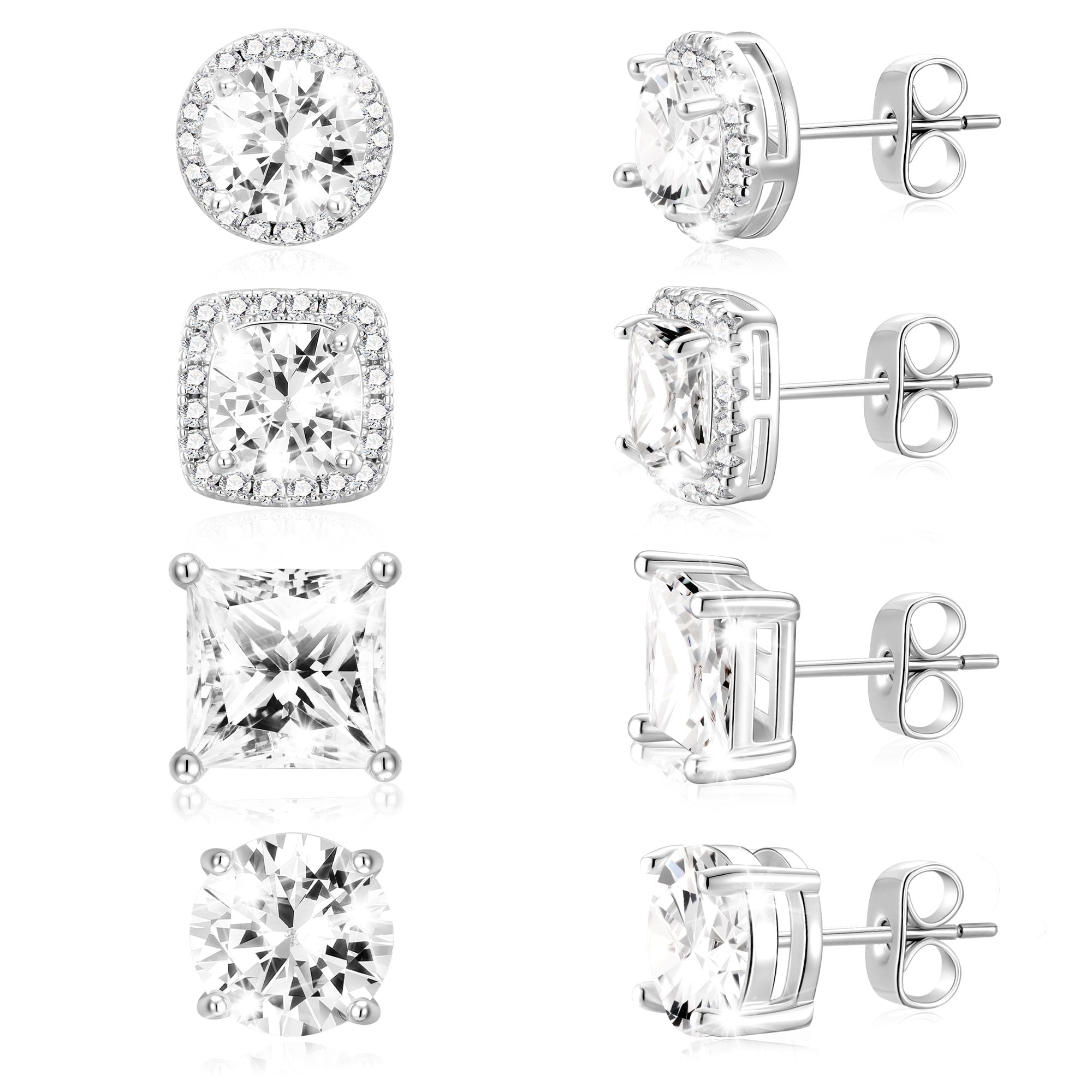 4 Pairs 18K White Plated Halo Stud Earrings for Women Men CZ Hypoallergenic S925 Sterling Post Earrings Set Valentines Day Jewelry Gifts Her Him Teen Husband Wife Adults