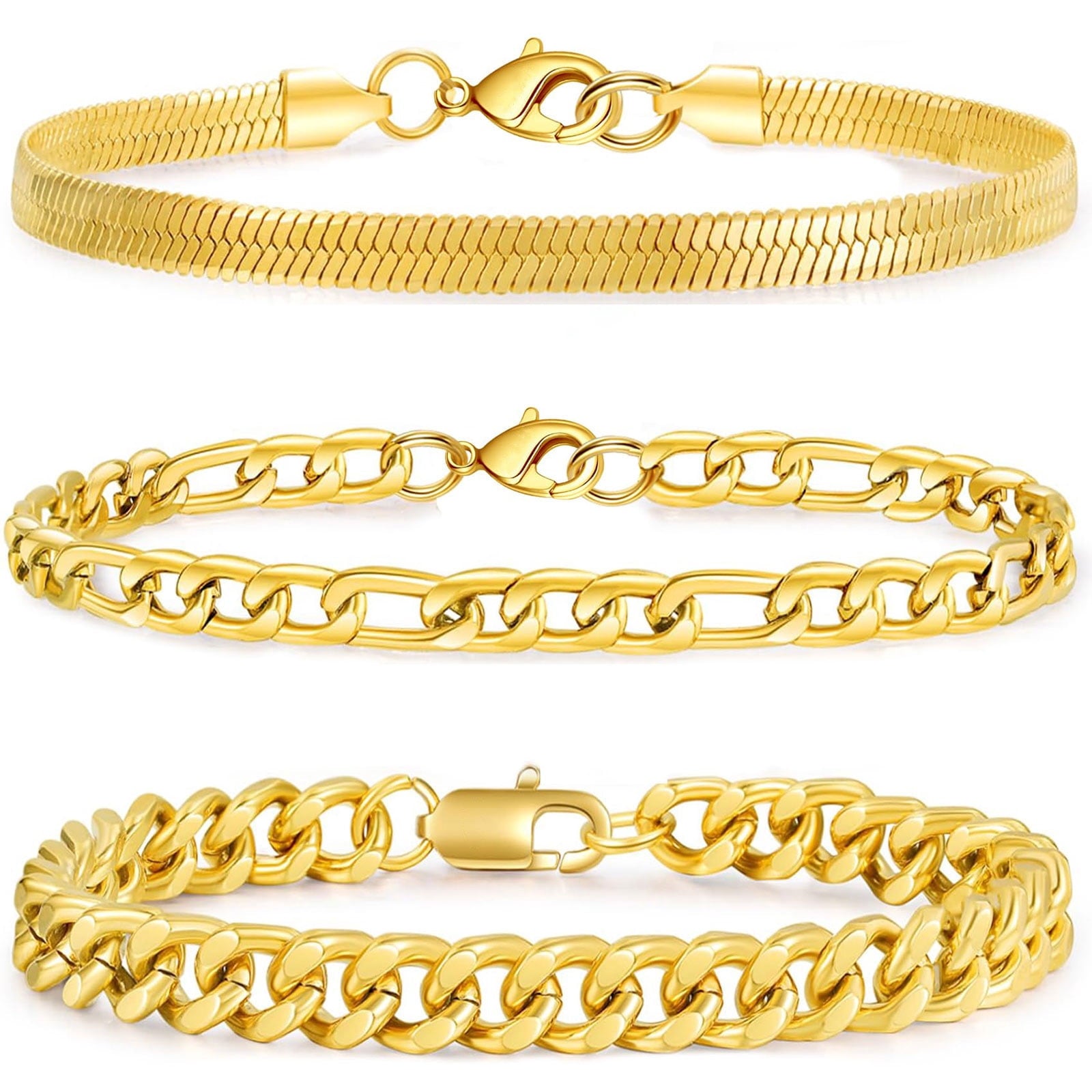3 Pcs Sterling Plated Bracelets for Men Women Boys Charm Cuban Figaro Herringbone Chain Bracelets Set Easter Basket Stuffers Jewelry Gifts Teen Adults Kids 6.5/7/7.5/8.3/9 Inch