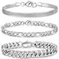 3 Pcs Sterling Plated Bracelets for Men Women Boys Charm Cuban Figaro Herringbone Chain Bracelets Set Easter Basket Stuffers Jewelry Gifts Teen Adults Kids 6.5/7/7.5/8.3/9 Inch