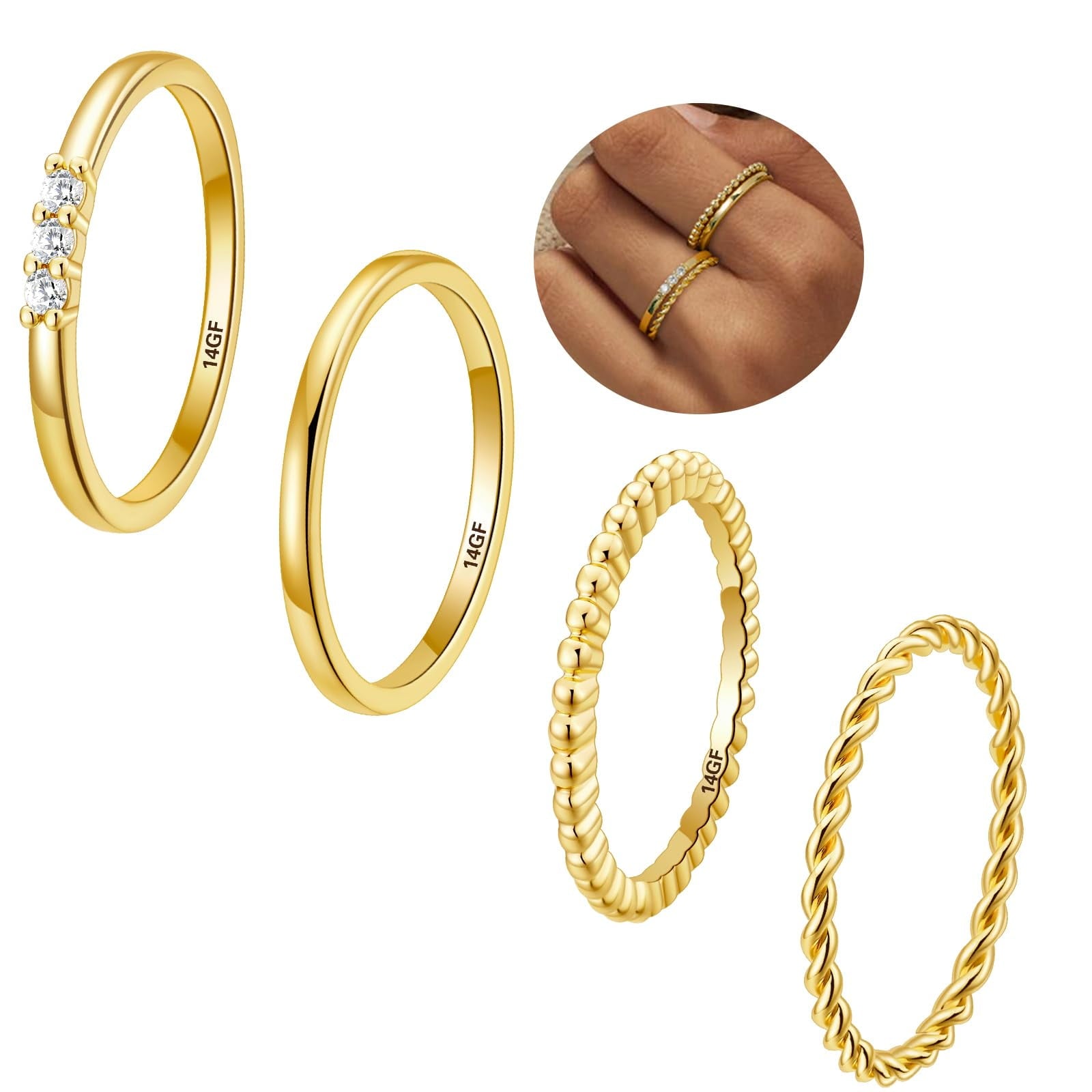 4PCS S925 Sterling Plated Rings for Women Non Tarnish CZ Thumb Pinky Stackable Ring Set Valentines Day Jewelry Gifts Her Teen Girlfriend Adults Ideas Size 6/7/8/9/10