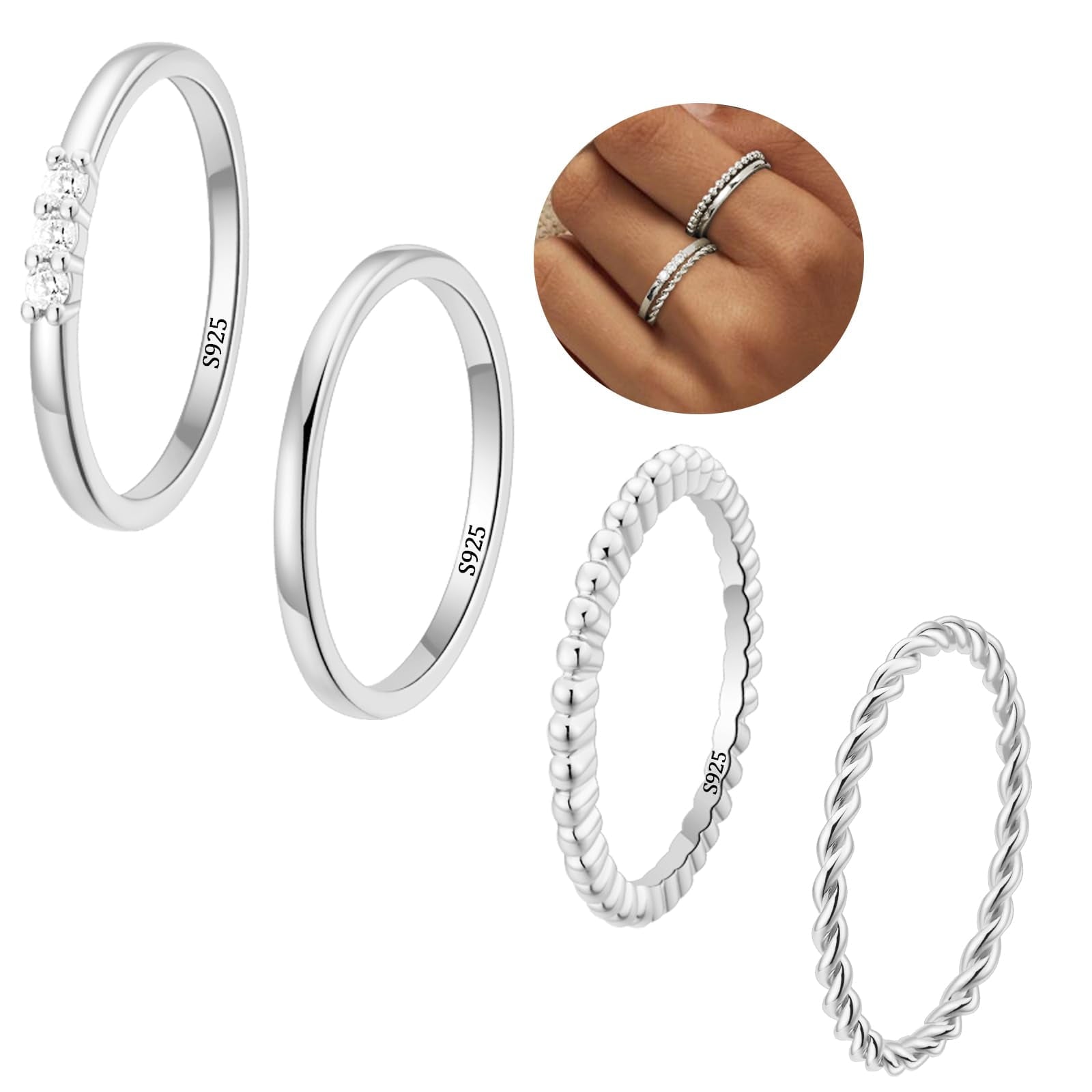4PCS S925 Sterling Plated Rings for Women Non Tarnish CZ Thumb Pinky Stackable Ring Set Valentines Day Jewelry Gifts Her Teen Girlfriend Adults Ideas Size 6/7/8/9/10