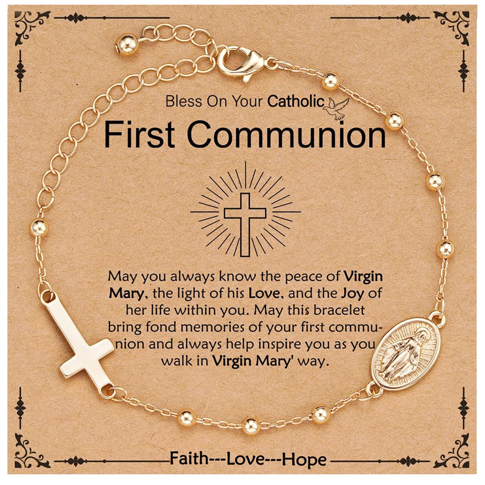 Rosary Beads Virgin Mary Cross Charm Bracelet for Women Kids Girls Teen Daughter Granddaughter Mom Wife Girlfriend Stuff Christian Catholic Jewelry Gifts for Women Girls Age
