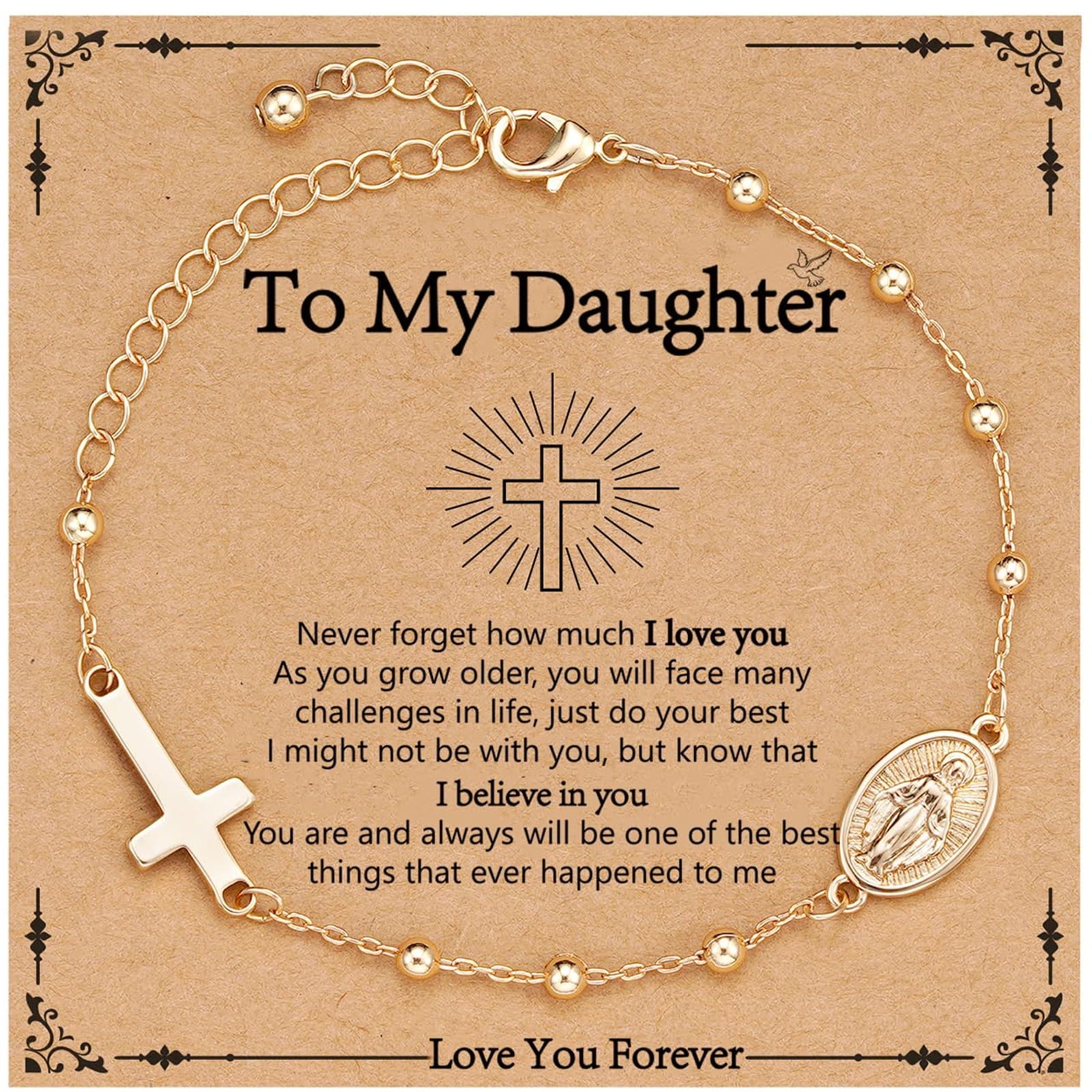 Rosary Beads Virgin Mary Cross Charm Bracelet for Women Kids Girls Teen Daughter Granddaughter Mom Wife Girlfriend Stuff Christian Catholic Jewelry Gifts for Women Girls Age