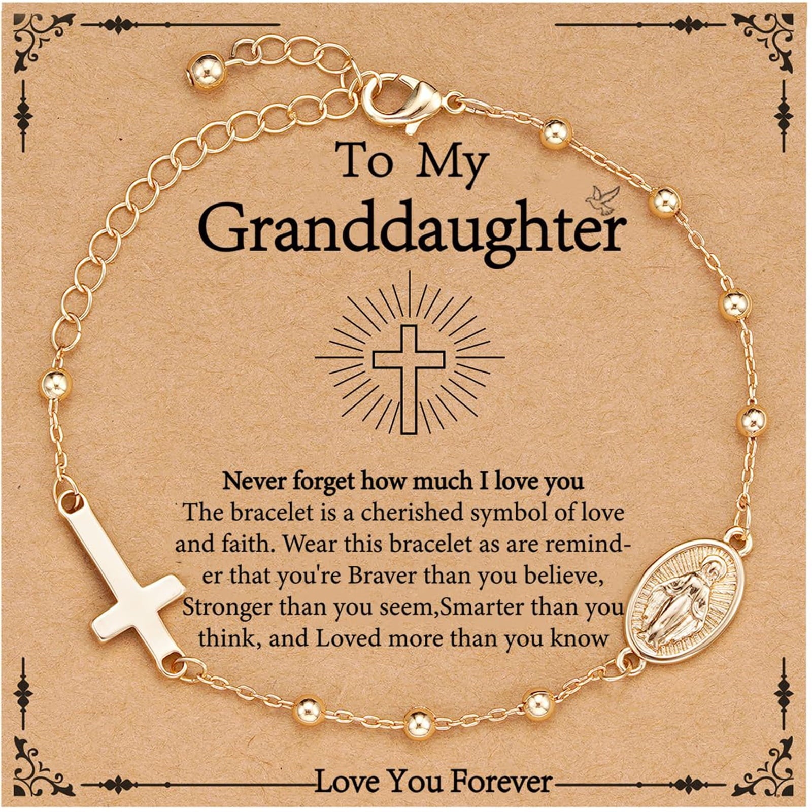 Rosary Beads Virgin Mary Cross Charm Bracelet for Women Kids Girls Teen Daughter Granddaughter Mom Wife Girlfriend Stuff Christian Catholic Jewelry Gifts for Women Girls Age