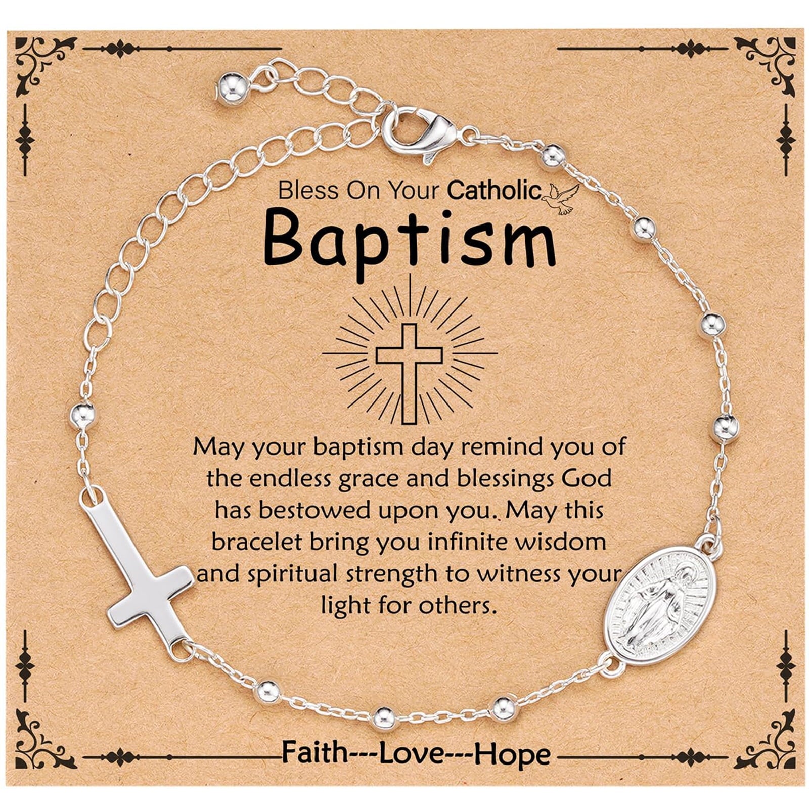 Rosary Beads Virgin Mary Cross Charm Bracelet for Women Kids Girls Teen Daughter Granddaughter Mom Wife Girlfriend Stuff Christian Catholic Jewelry Gifts for Women Girls Age