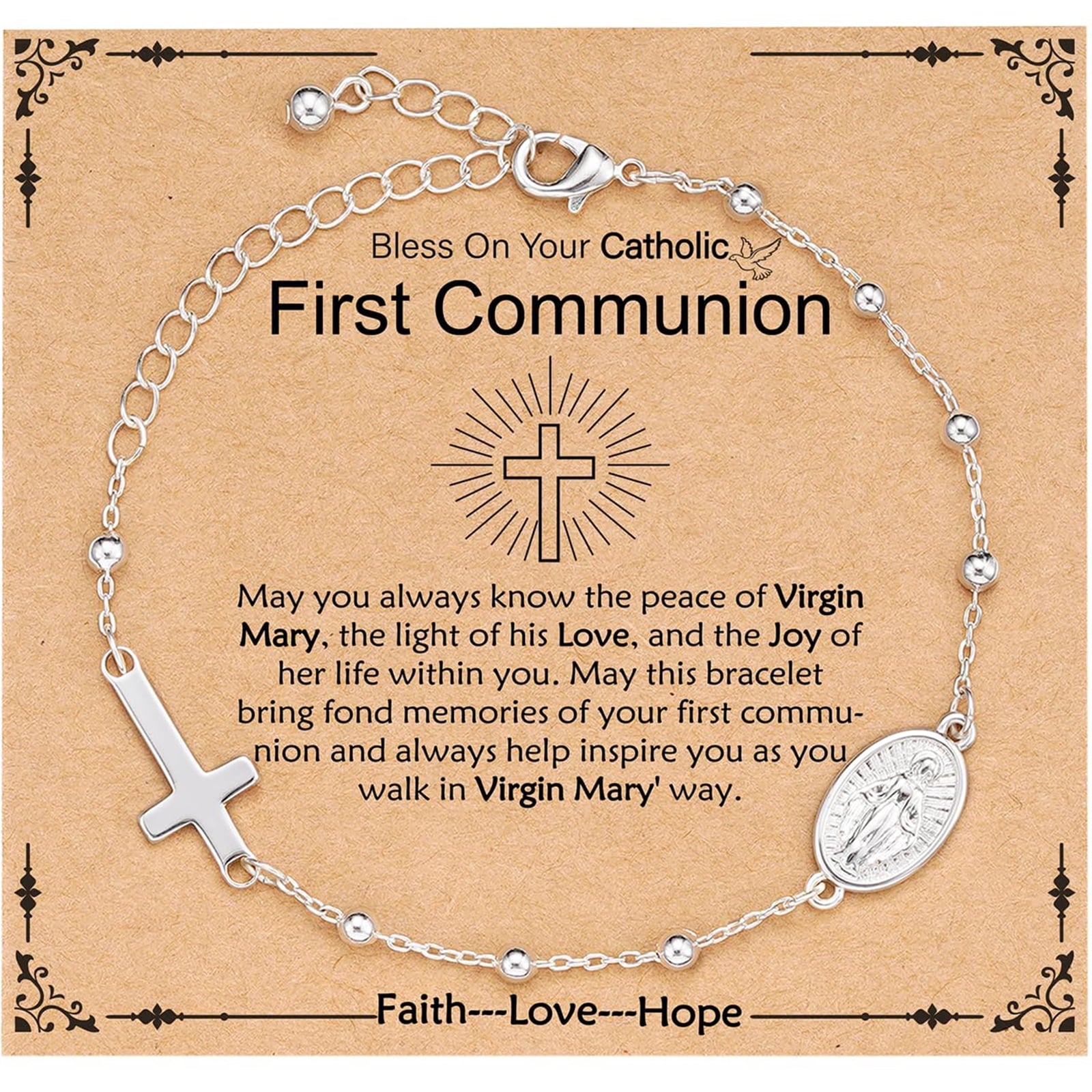 Rosary Beads Virgin Mary Cross Charm Bracelet for Women Kids Girls Teen Daughter Granddaughter Mom Wife Girlfriend Stuff Christian Catholic Jewelry Gifts for Women Girls Age