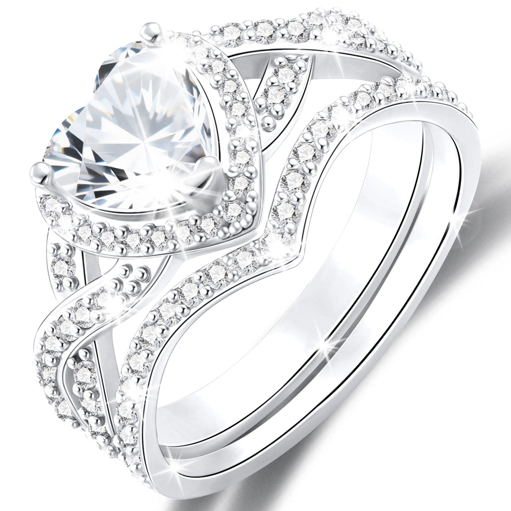 S925 Sterling Plated Heart Wedding Rings for Women CZ Eternity Band Engagement Rings Set Valentines Jewelry Gifts Her Girlfriend Wife Adults Ideas