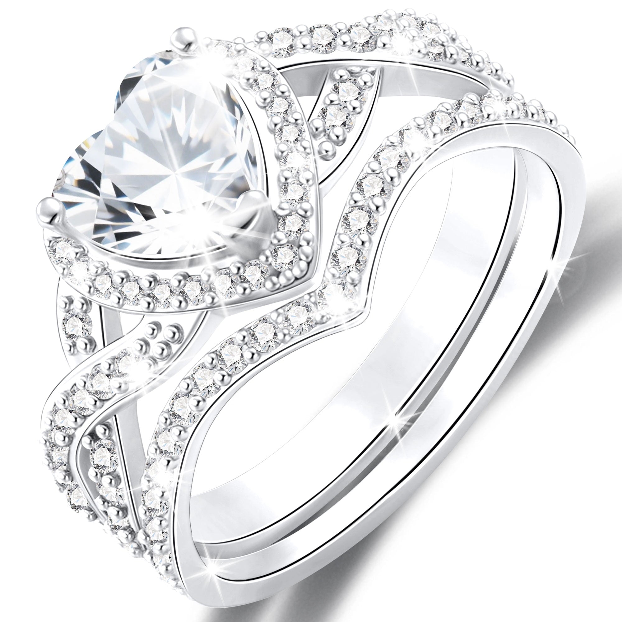 S925 Sterling Plated Heart Wedding Rings for Women CZ Eternity Band Engagement Rings Set Valentines Jewelry Gifts Her Girlfriend Wife Adults Ideas