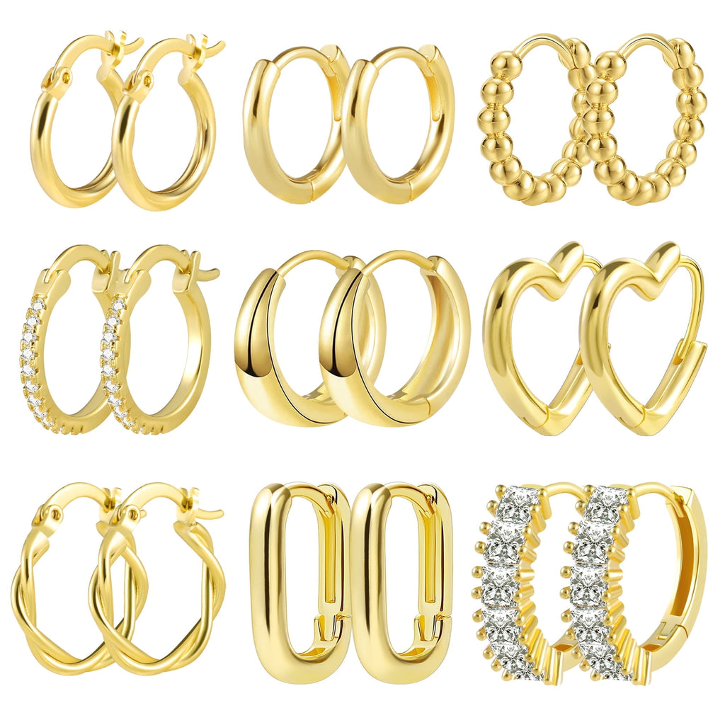 14K Plated Hypoallergenic Small Hoop Earrings Set, Chunky Huggie Stackable Earrings for Women