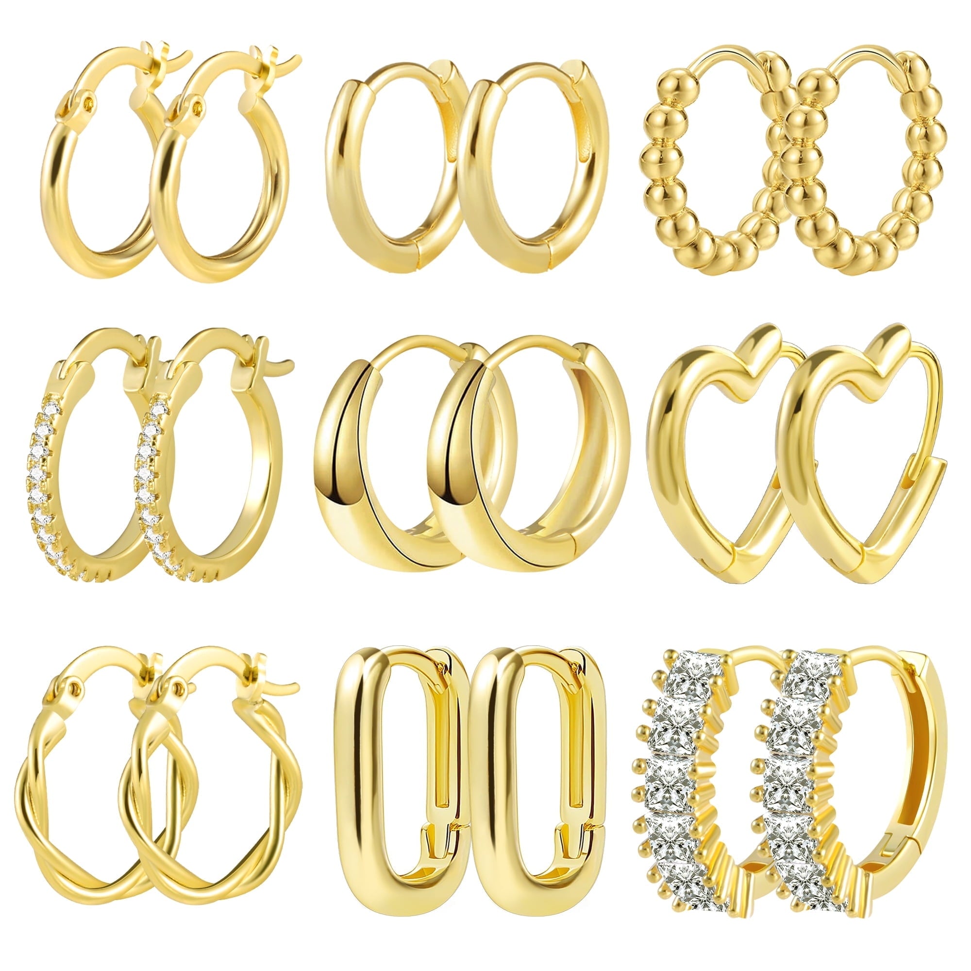 14K Plated Hypoallergenic Small Hoop Earrings Set, Chunky Huggie Stackable Earrings for Women
