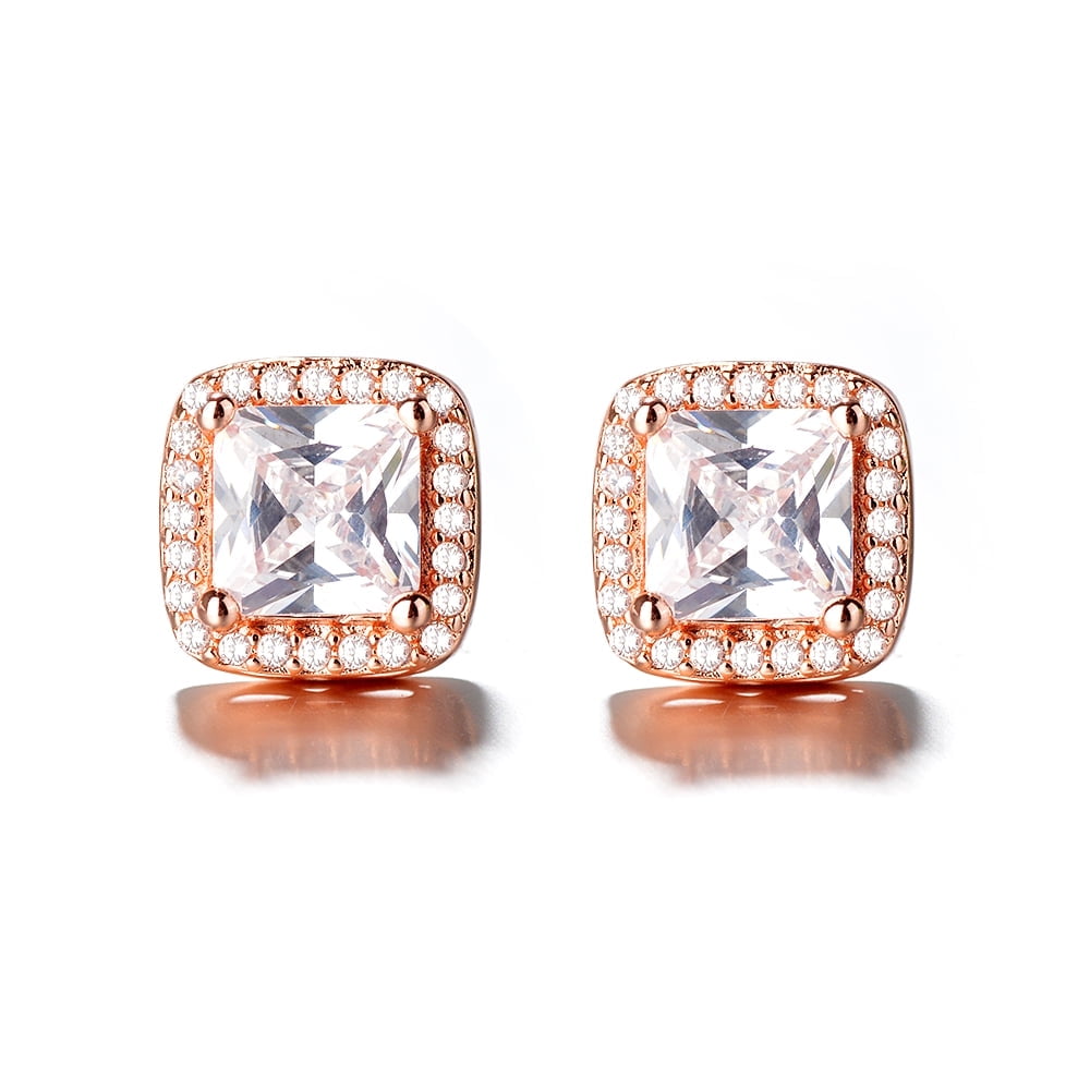 Square Halo Earrings with Crystals, 14K Plated over Sterling