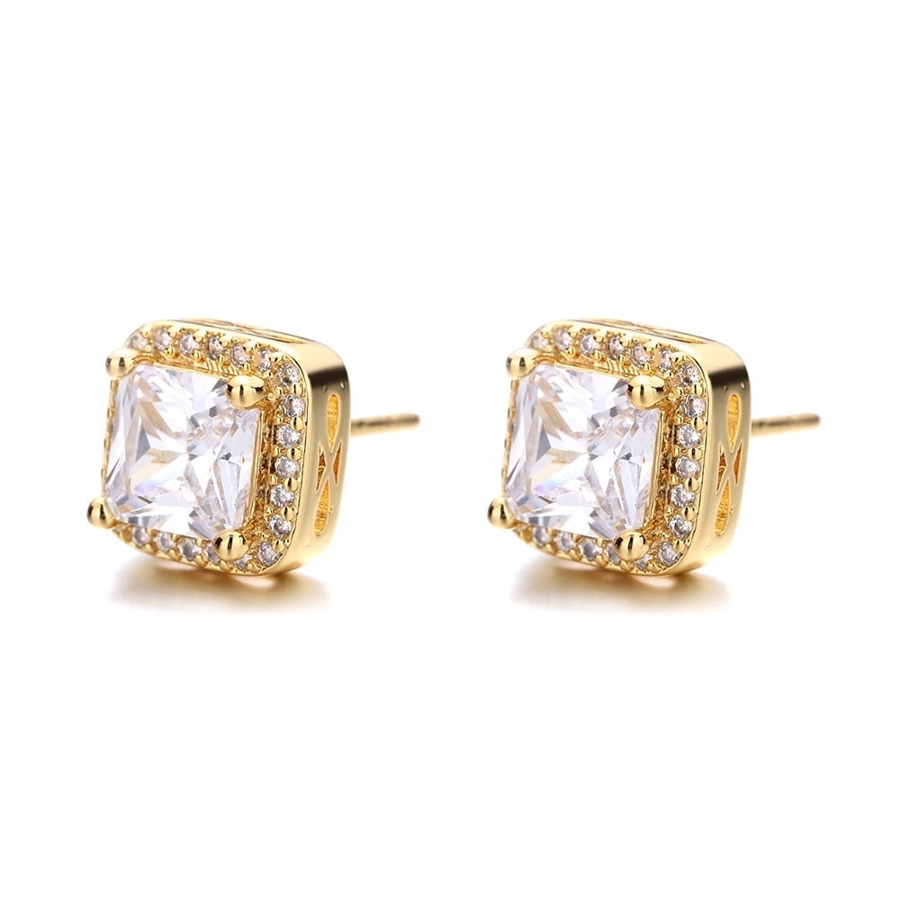Square Halo Earrings with Crystals, 14K Plated over Sterling