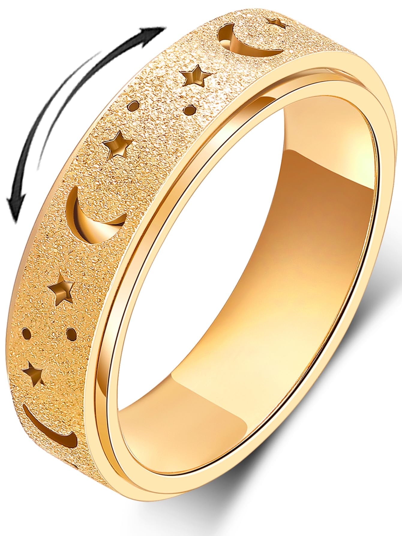 Anxiety Ring for Women Men, Anxiety Fidget Relief Spinner Rings Stainless Steel Worry Stress Relieve Ring Band Set for Anxiety Women Men，Anxiety Ring-Moon Star, Sandblasted Finished,Rainbow-Size6