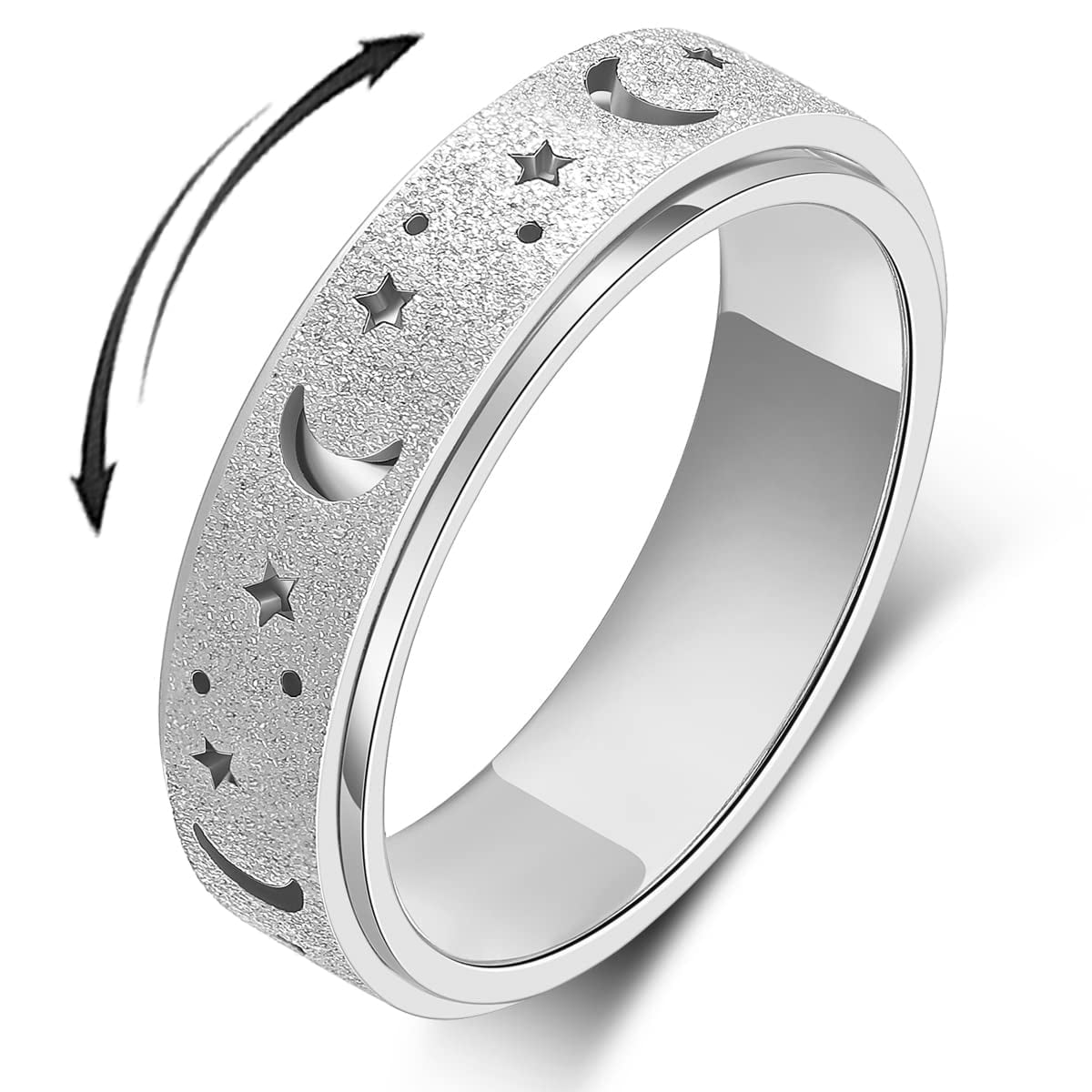 Anxiety Ring for Women Men, Anxiety Fidget Relief Spinner Rings Stainless Steel Worry Stress Relieve Ring Band Set for Anxiety Women Men，Anxiety Ring-Moon Star, Sandblasted Finished,Rainbow-Size6