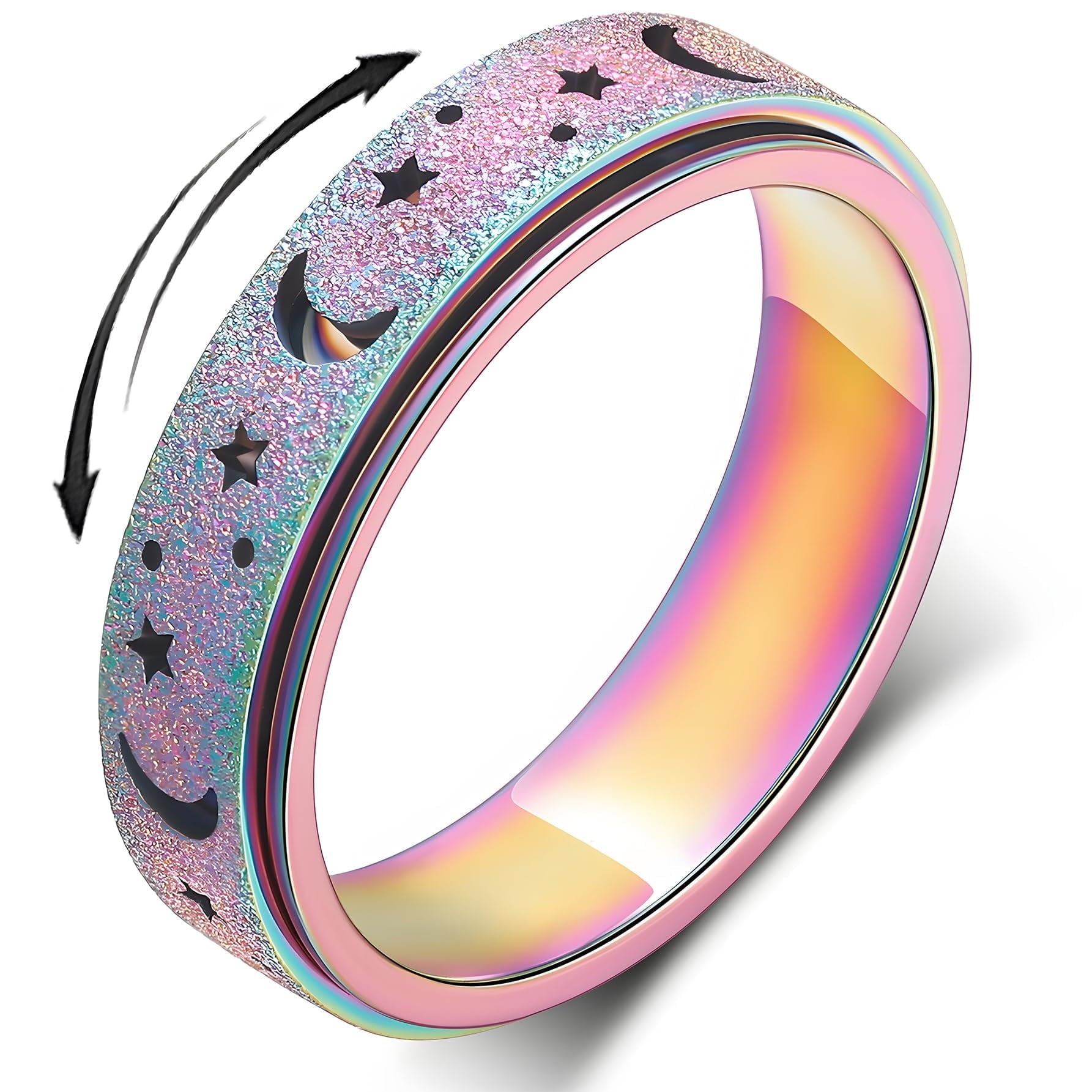 Anxiety Ring for Women Men, Anxiety Fidget Relief Spinner Rings Stainless Steel Worry Stress Relieve Ring Band Set for Anxiety Women Men，Anxiety Ring-Moon Star, Sandblasted Finished,Rainbow-Size6