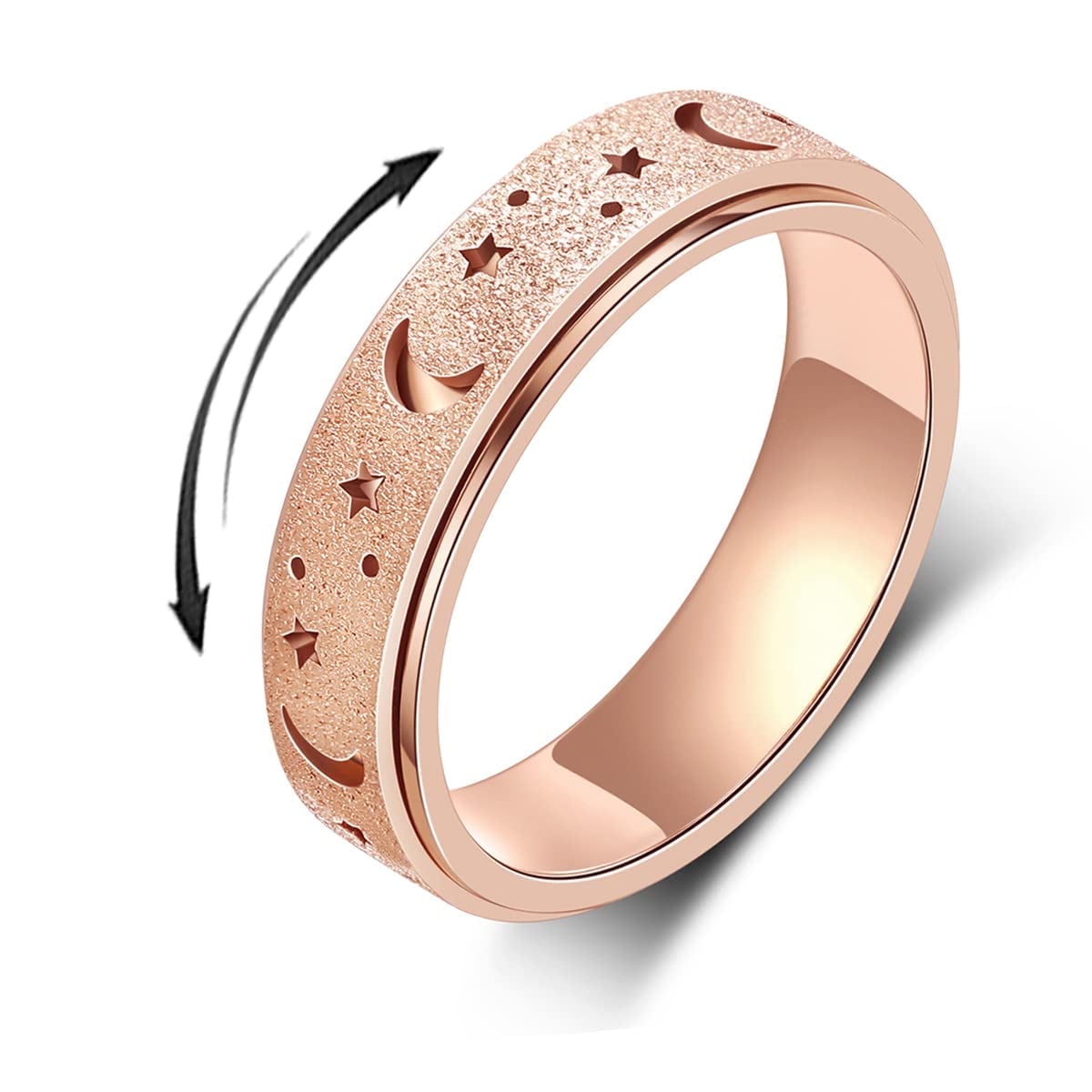 Anxiety Ring for Women Men, Anxiety Fidget Relief Spinner Rings Stainless Steel Worry Stress Relieve Ring Band Set for Anxiety Women Men，Anxiety Ring-Moon Star, Sandblasted Finished,Rainbow-Size6