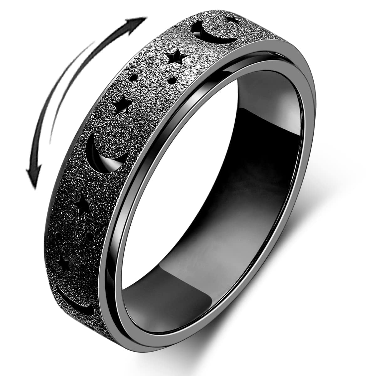 Anxiety Ring for Women Men, Anxiety Fidget Relief Spinner Rings Stainless Steel Worry Stress Relieve Ring Band Set for Anxiety Women Men，Anxiety Ring-Moon Star, Sandblasted Finished,Rainbow-Size6
