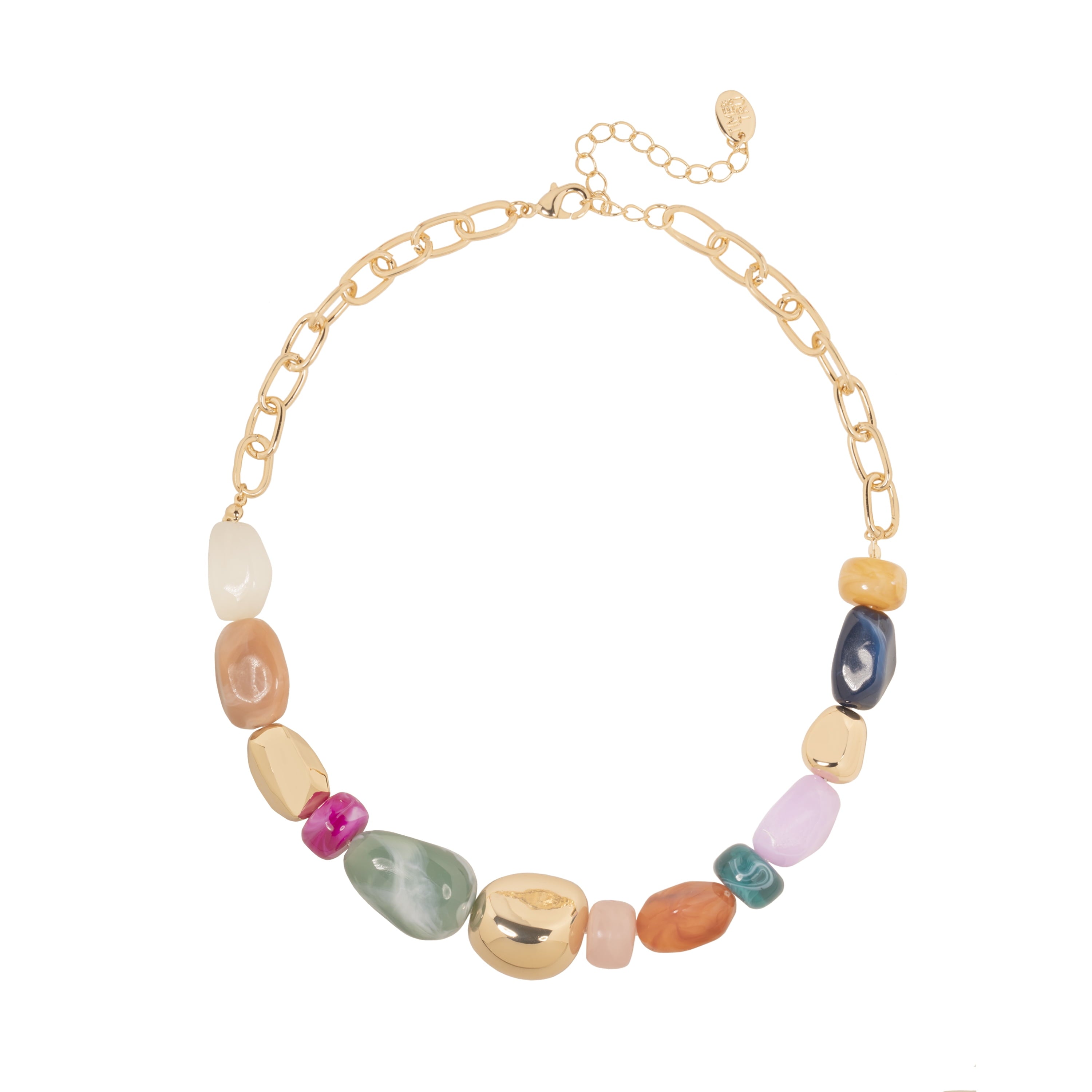 Women's Tone Statement Necklace with Colorful Beads and Chain Detail